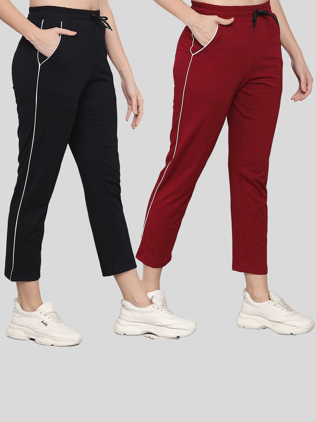 Q-rious Women Pack of 2 Black & Maroon Solid Pure Cotton Track Pants Price in India