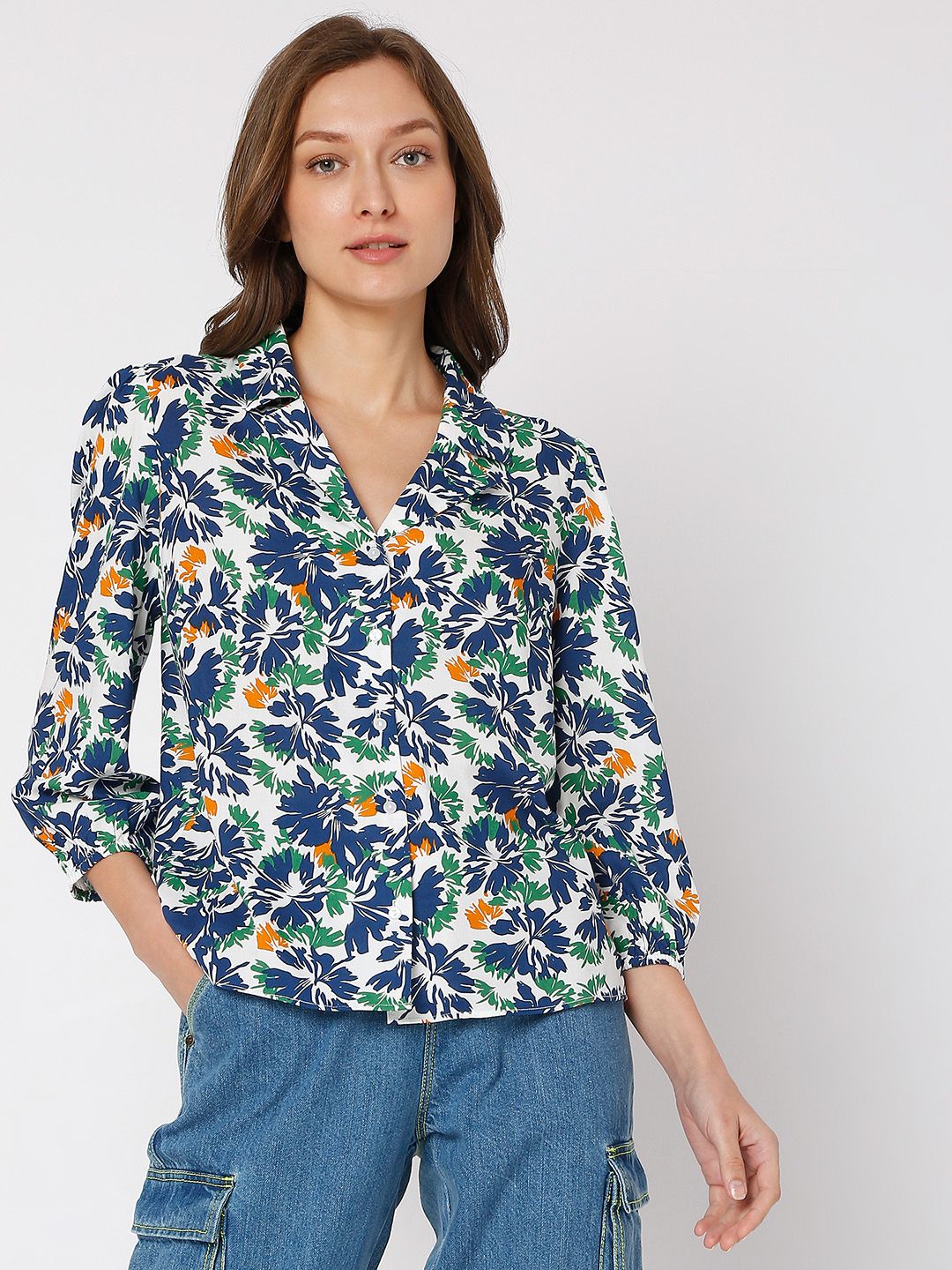 Vero Moda Women White & Blue Floral Print Top Price in India