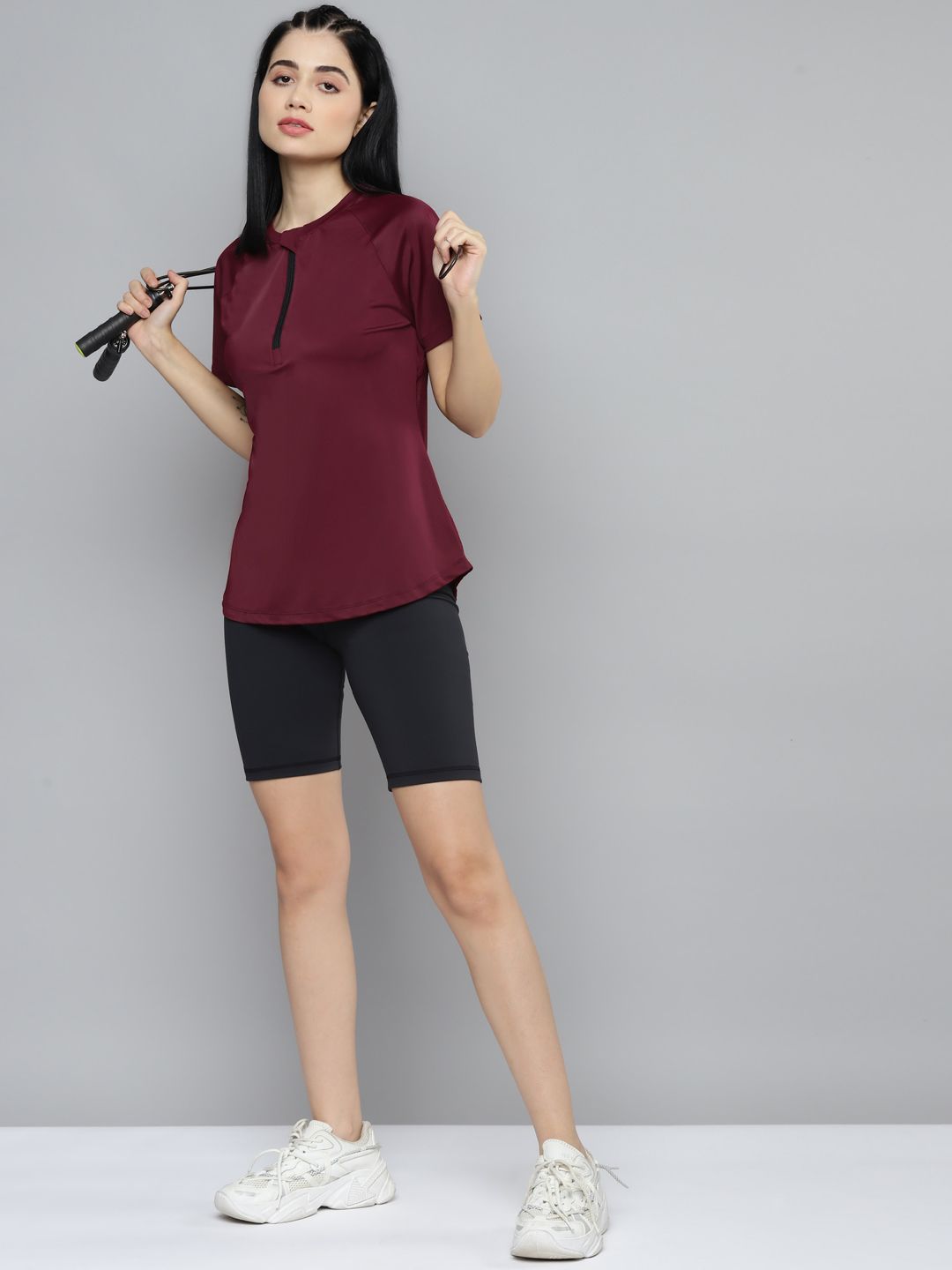 Fitkin Women Maroon Solid Henley Neck T-shirt Price in India