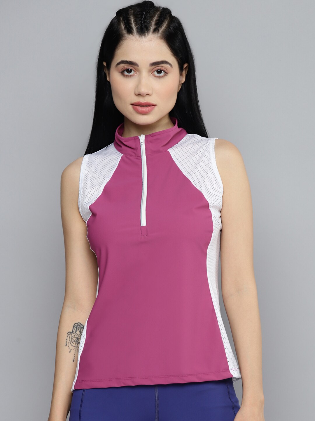 Fitkin Women Purple & White Colourblocked High Neck T-shirt Price in India