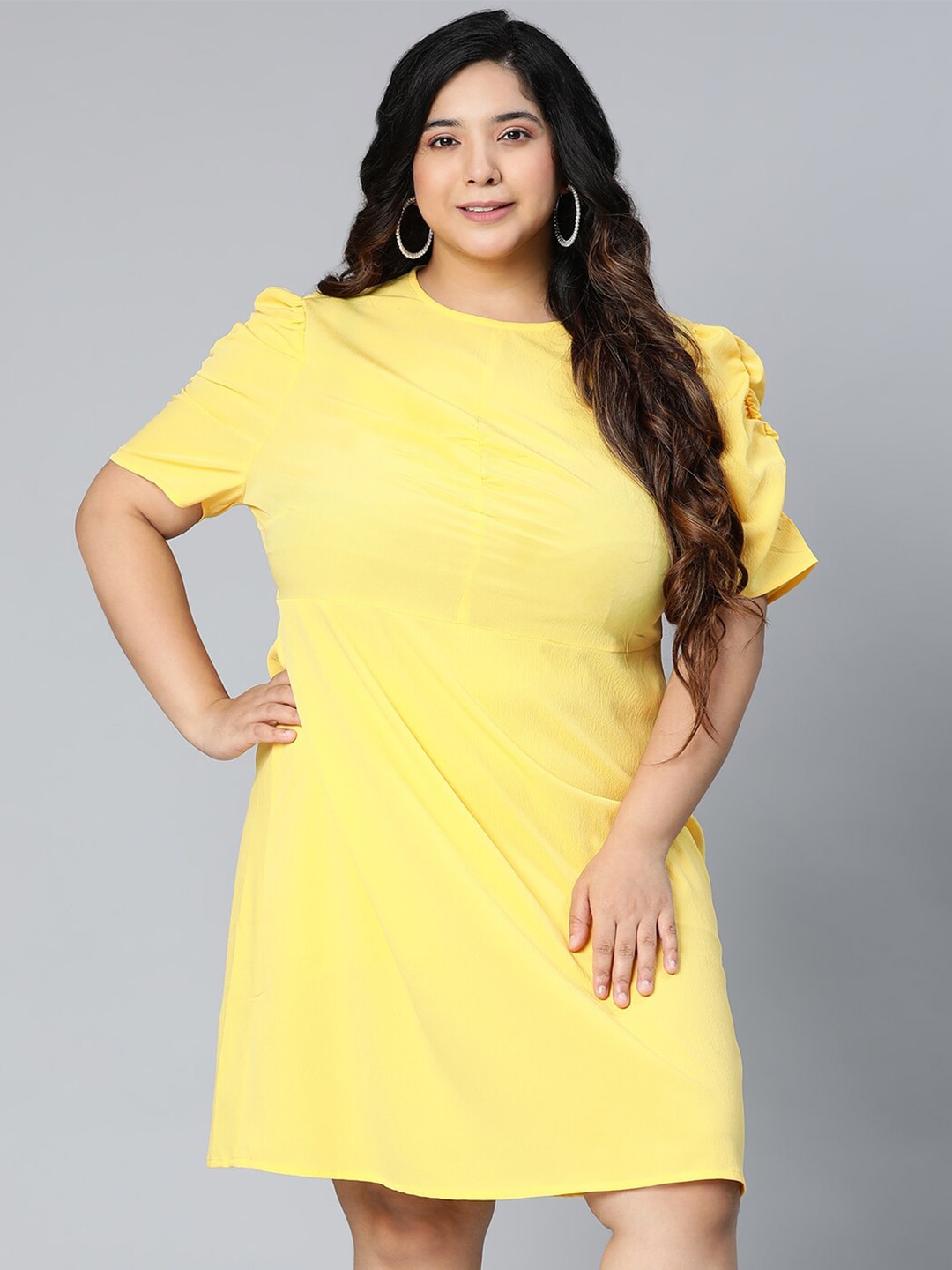 Oxolloxo Plus Size Yellow Solid Satin A-Line Mini Dress Price in India