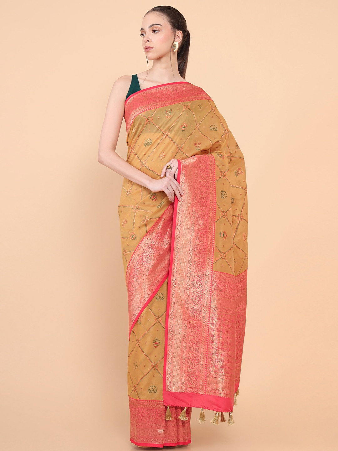 Soch Mustard & Red Woven Design Zari Silk Blend Tussar Saree Price in India