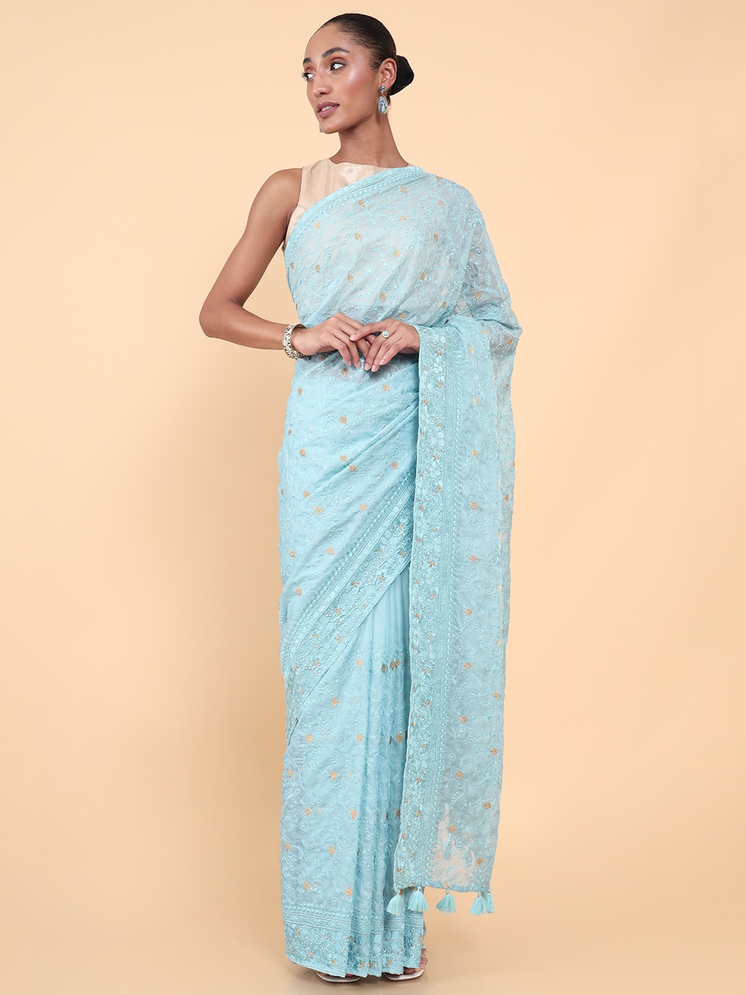 Soch Blue & Gold-Toned Floral Embroidered Organza Saree Price in India