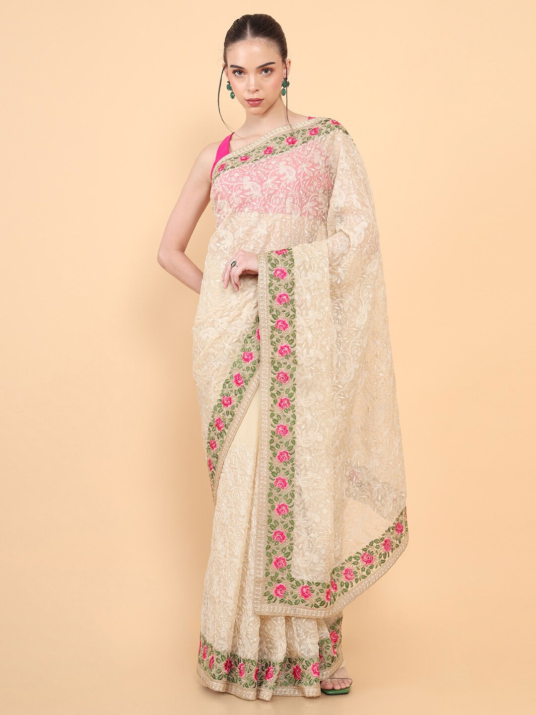 Soch Beige & Pink Floral Embroidered Organza Saree Price in India