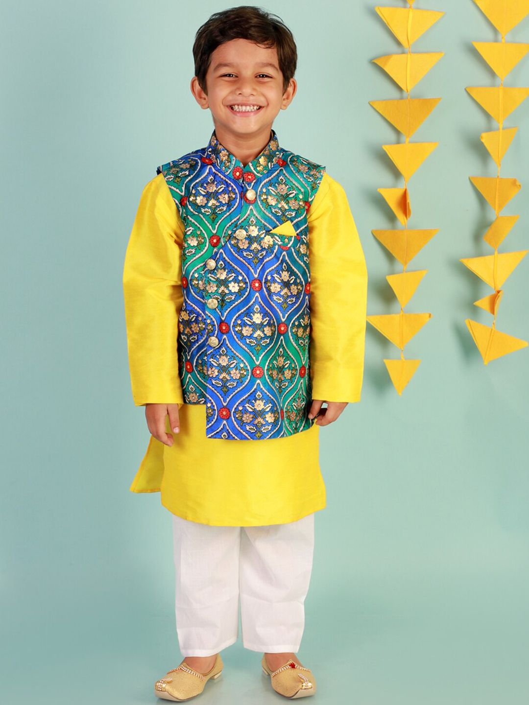 KID1 Boys Blue Floral Printed Kurta with Trouser with digital print Jacket