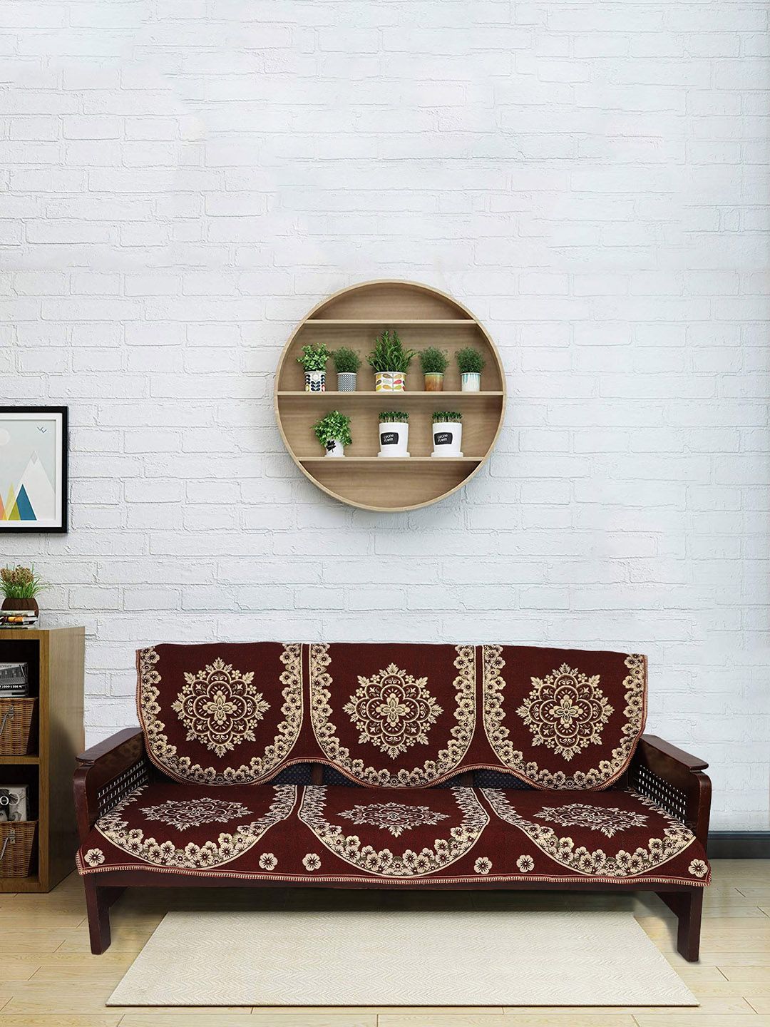 MODEFE Set of 6 Maroon & Beige Self-Design Sofa Covers Price in India
