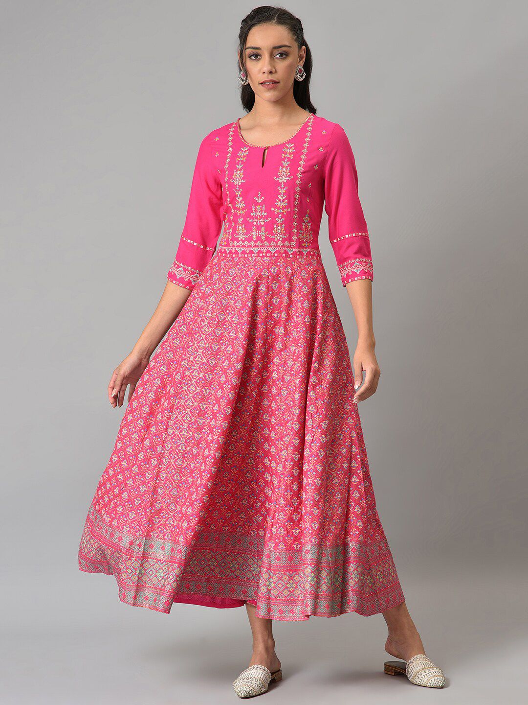 W Pink Ethnic Motifs Chiffon Ethnic Maxi Dress Price in India