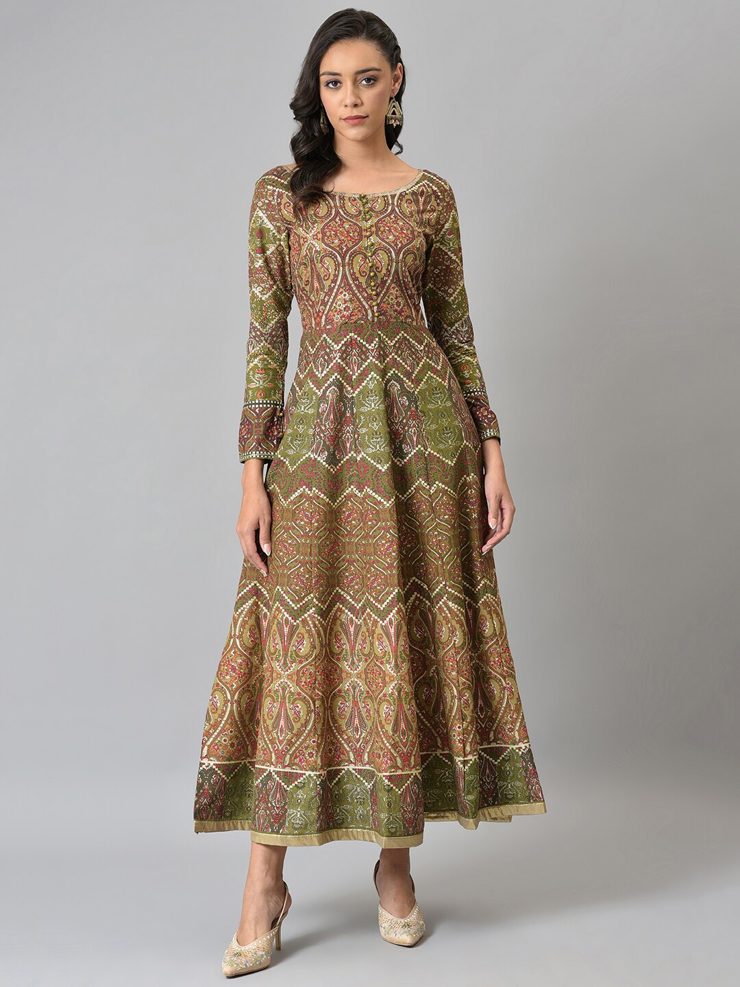 W Red & Green Ethnic Motifs Chiffon Ethnic Maxi Dress Price in India