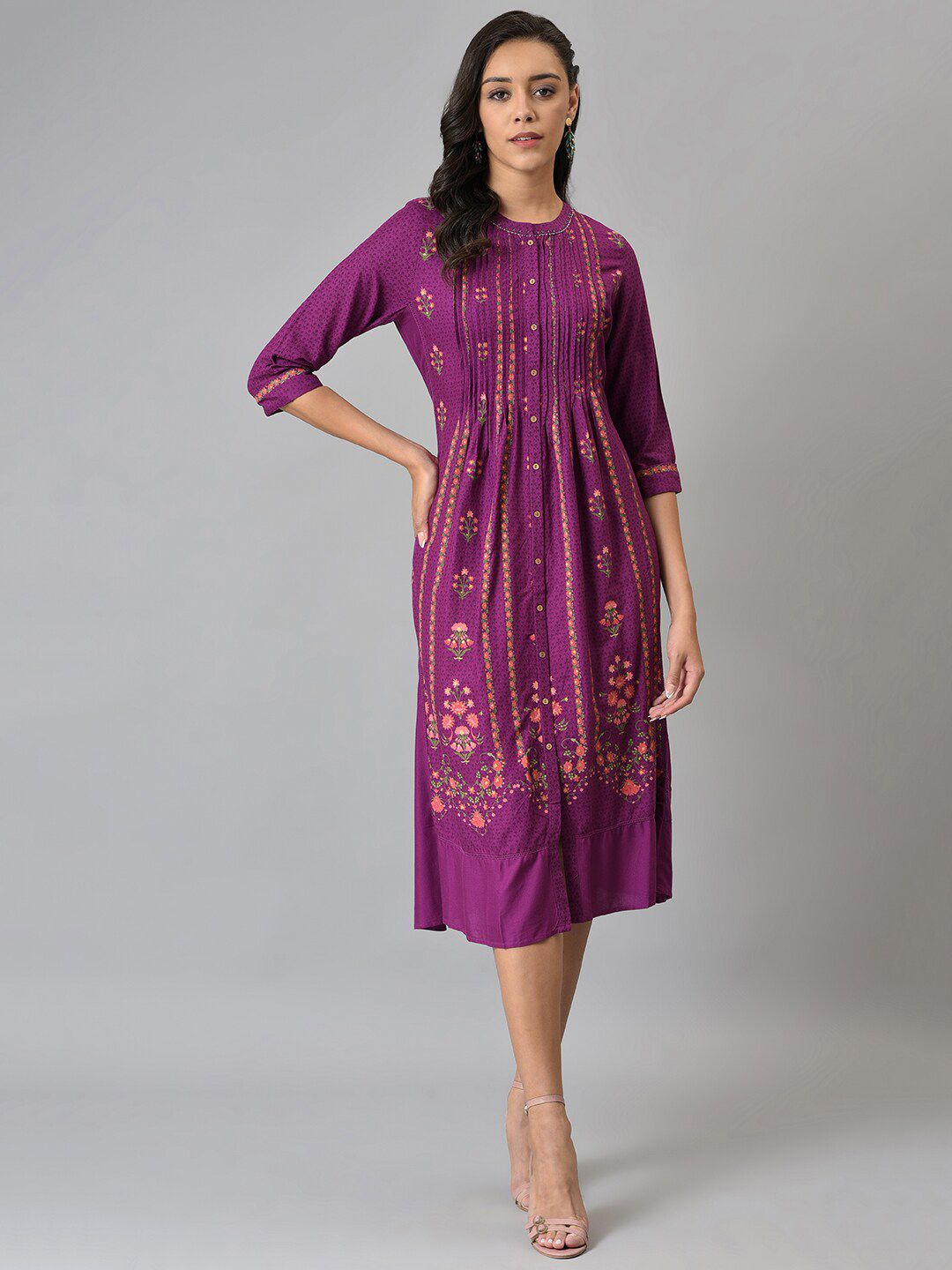 W Purple Ethnic Motifs Chiffon Ethnic A-Line Midi Dress Price in India