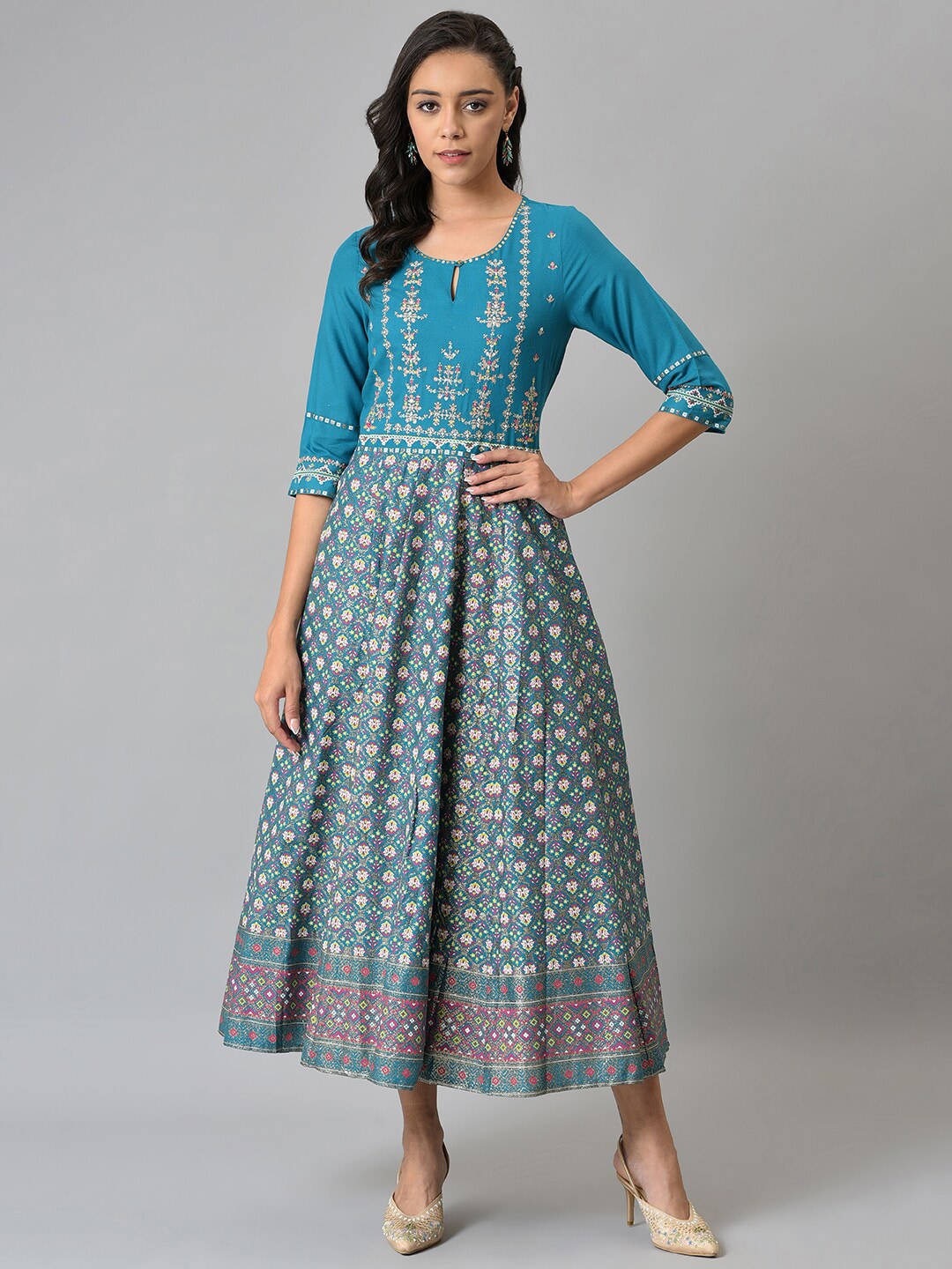 W Teal Ethnic Motifs Chiffon Ethnic Maxi Dress Price in India