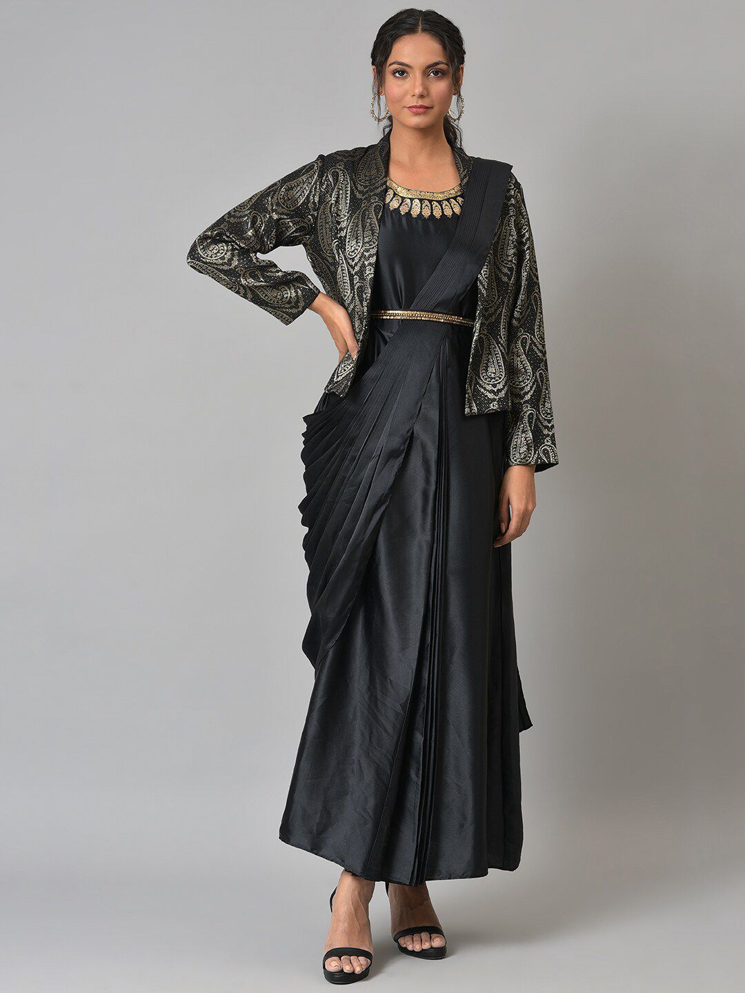 WISHFUL Black Satin Ethnic Maxi Dress Price in India