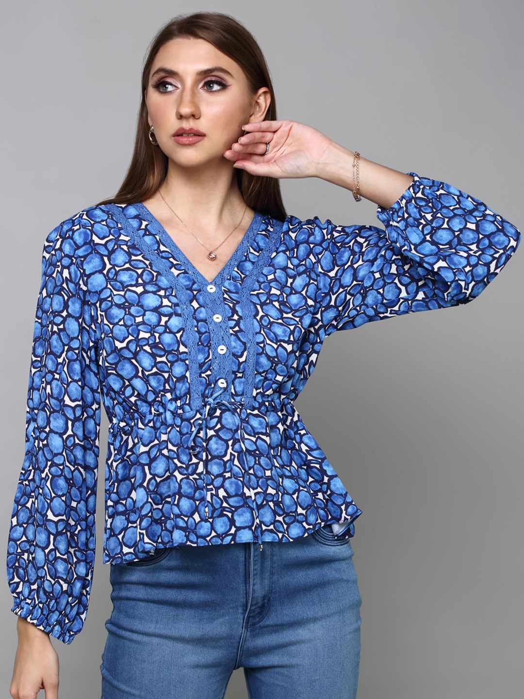 aturabi Blue Floral Print Cinched Waist Top Price in India