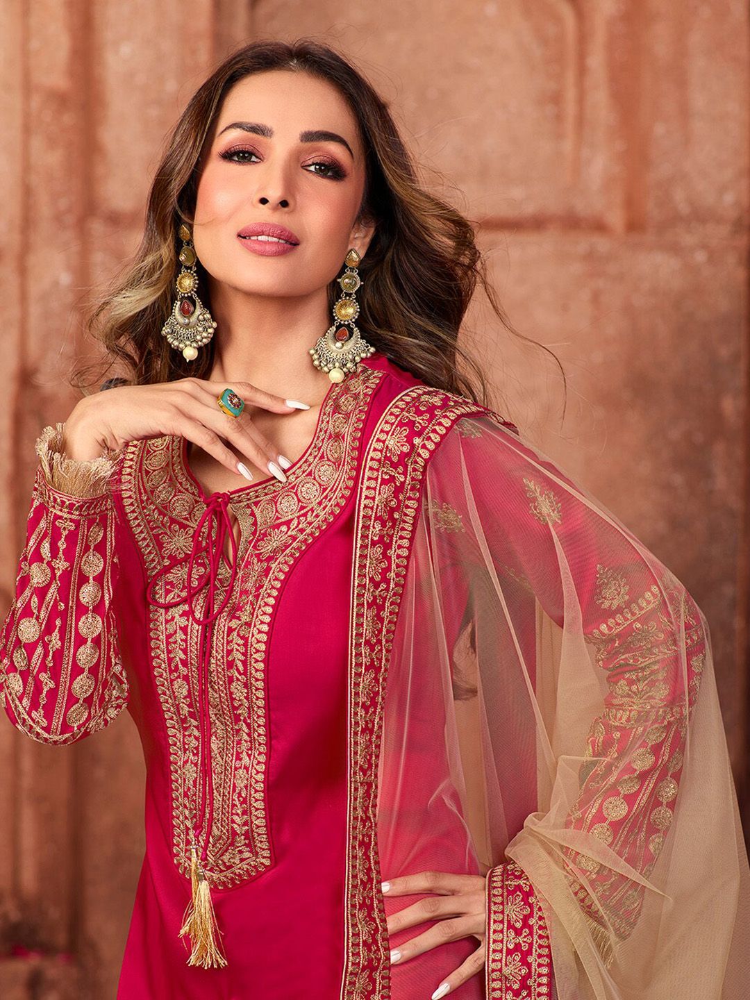 Inddus Women Magenta & Gold  Ethnic Motifs Embroidered Kurta with Trousers & Dupatta Price in India