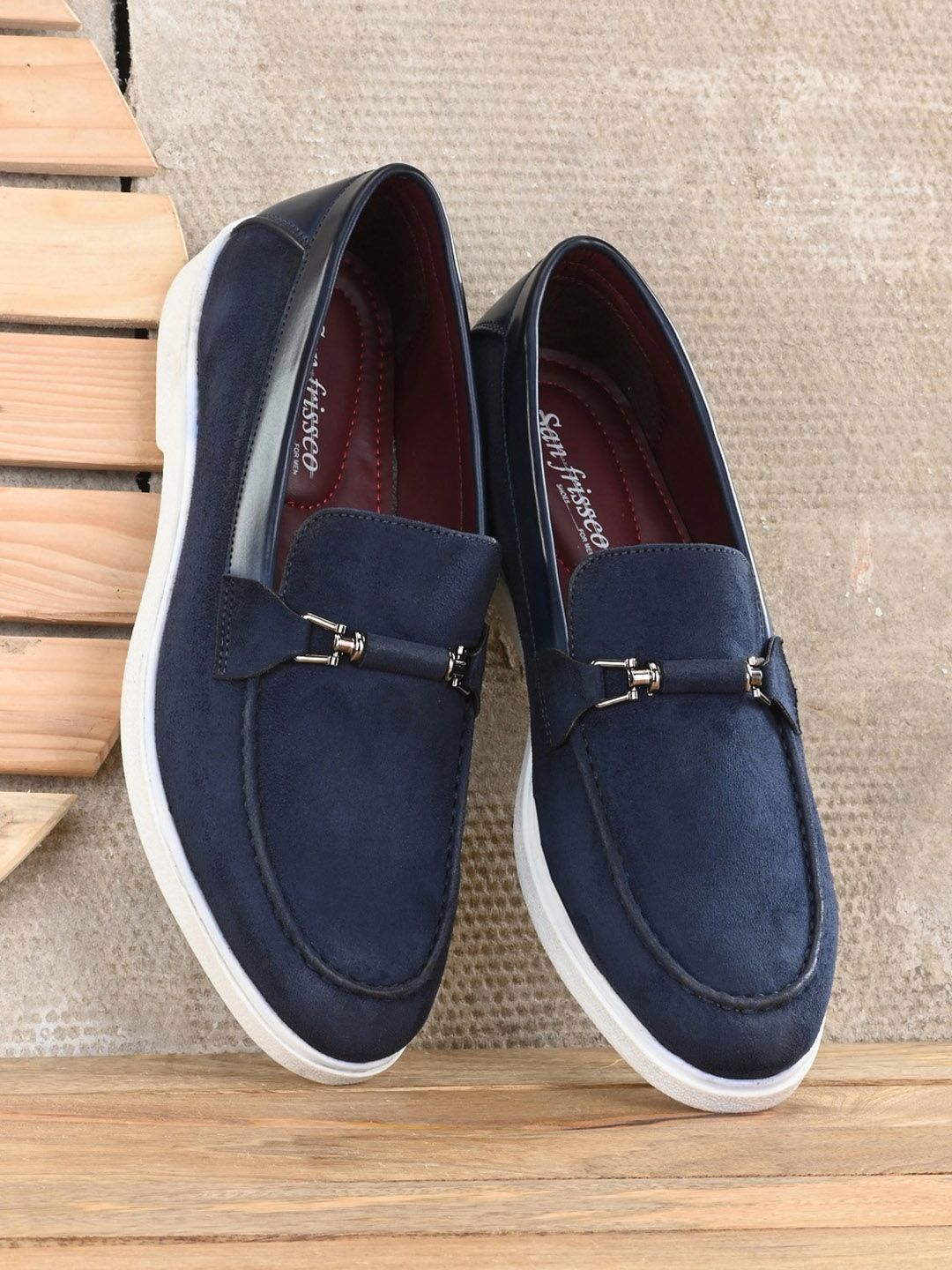 San Frissco Men Blue Leather Buckle Loafers