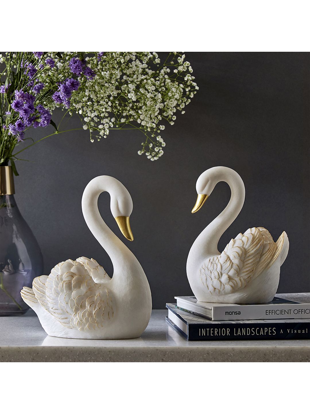 Home Centre Set Of 2 White & Gold-Toned Textured Swan Showpieces Price in India