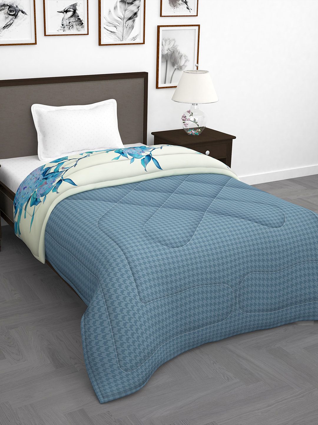 Story@home Cream-Coloured & Blue Floral 180 GSM Reversible Single Bed Comforter Price in India