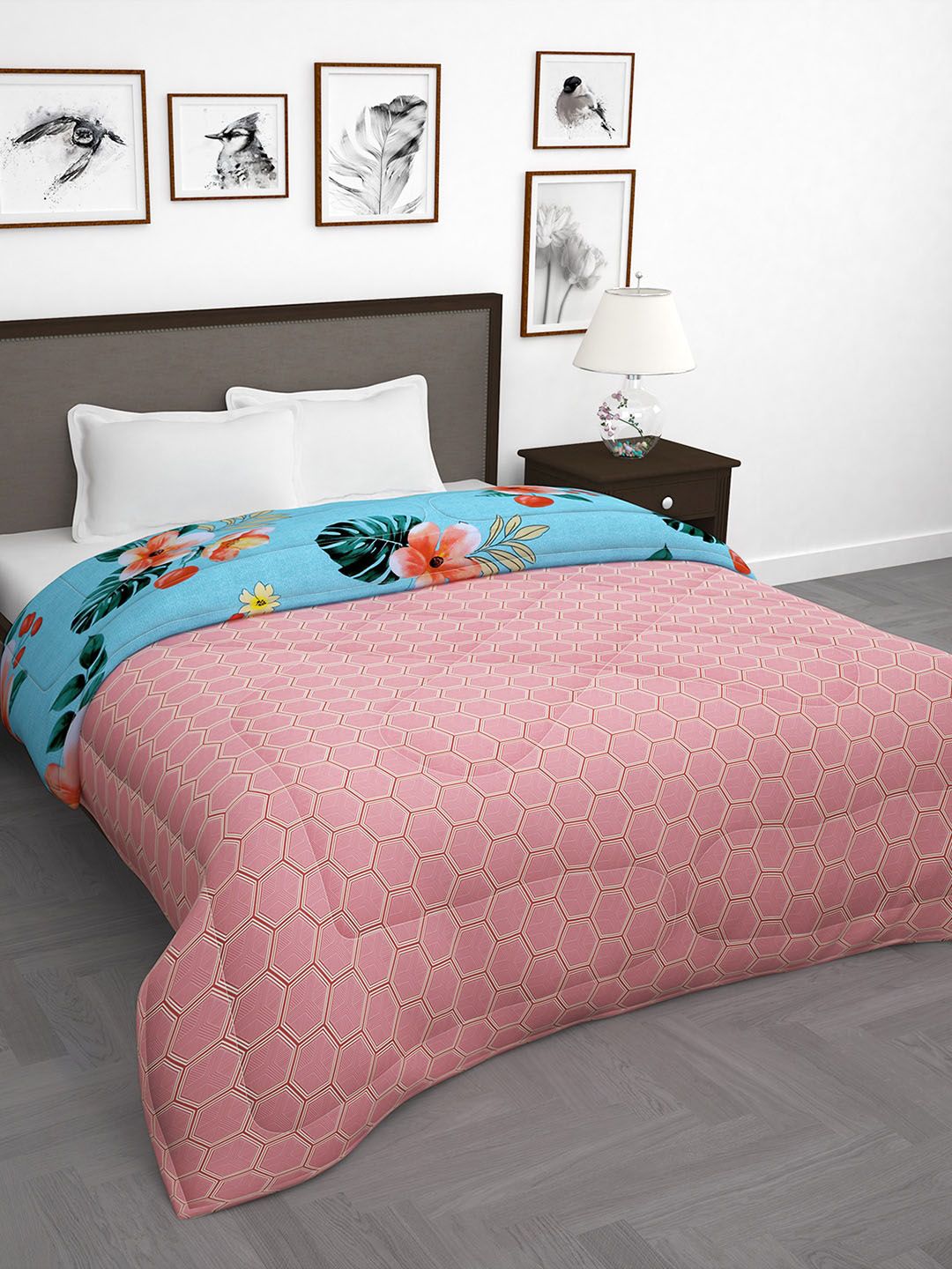 Story@home Pink & Blue Floral 180 GSM AC Room Reversible Double Bed Comforter Price in India