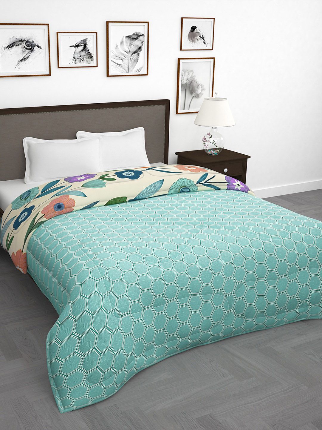 Story@home Green & Orange Floral 180 GSM AC Room Reversible Double Bed Comforter Price in India