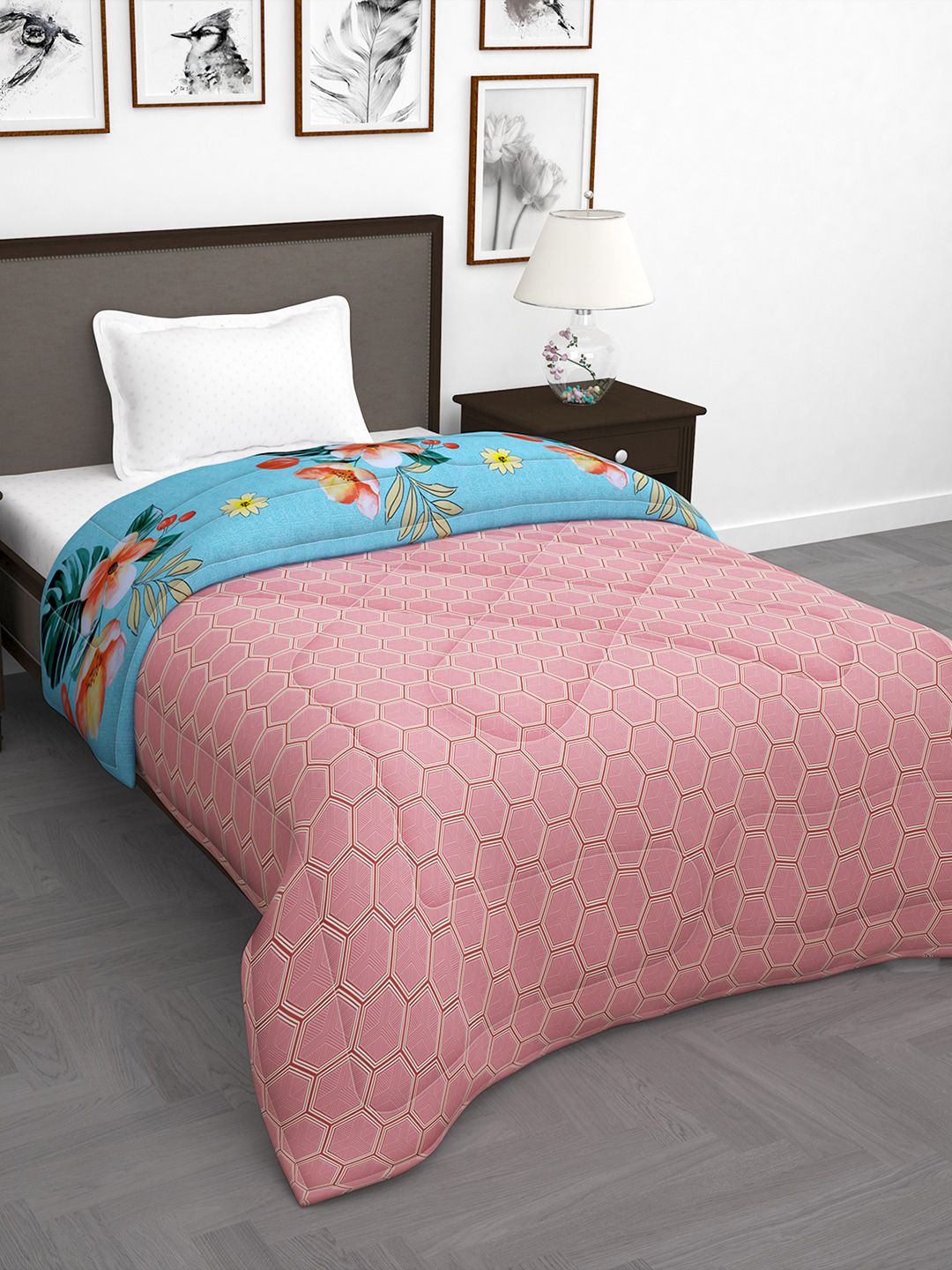 Story@home Pink & Blue Floral 180 GSM AC Room Reversible Single Bed Comforter Price in India