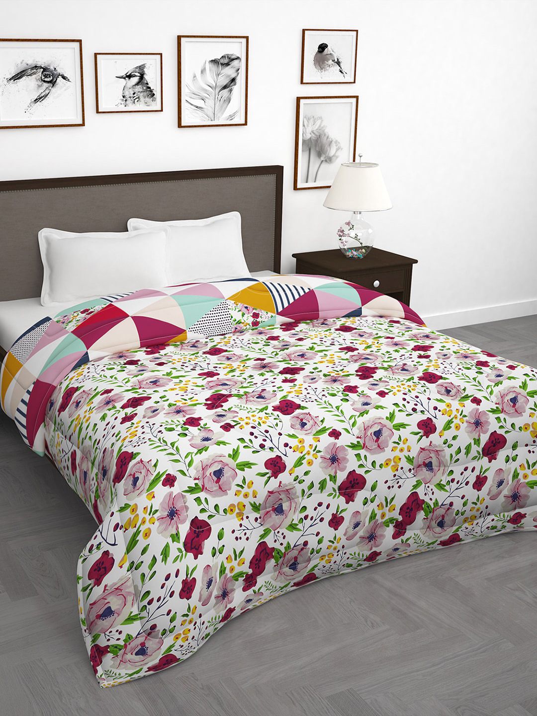 Story@home Pink & White Floral 180 GSM AC Room Reversible Double Bed Comforter Price in India