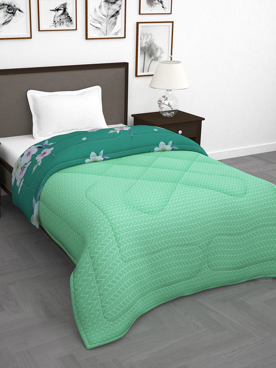 Story@home Green & White Floral 180 GSM AC Room Reversible Single Bed Comforter Price in India