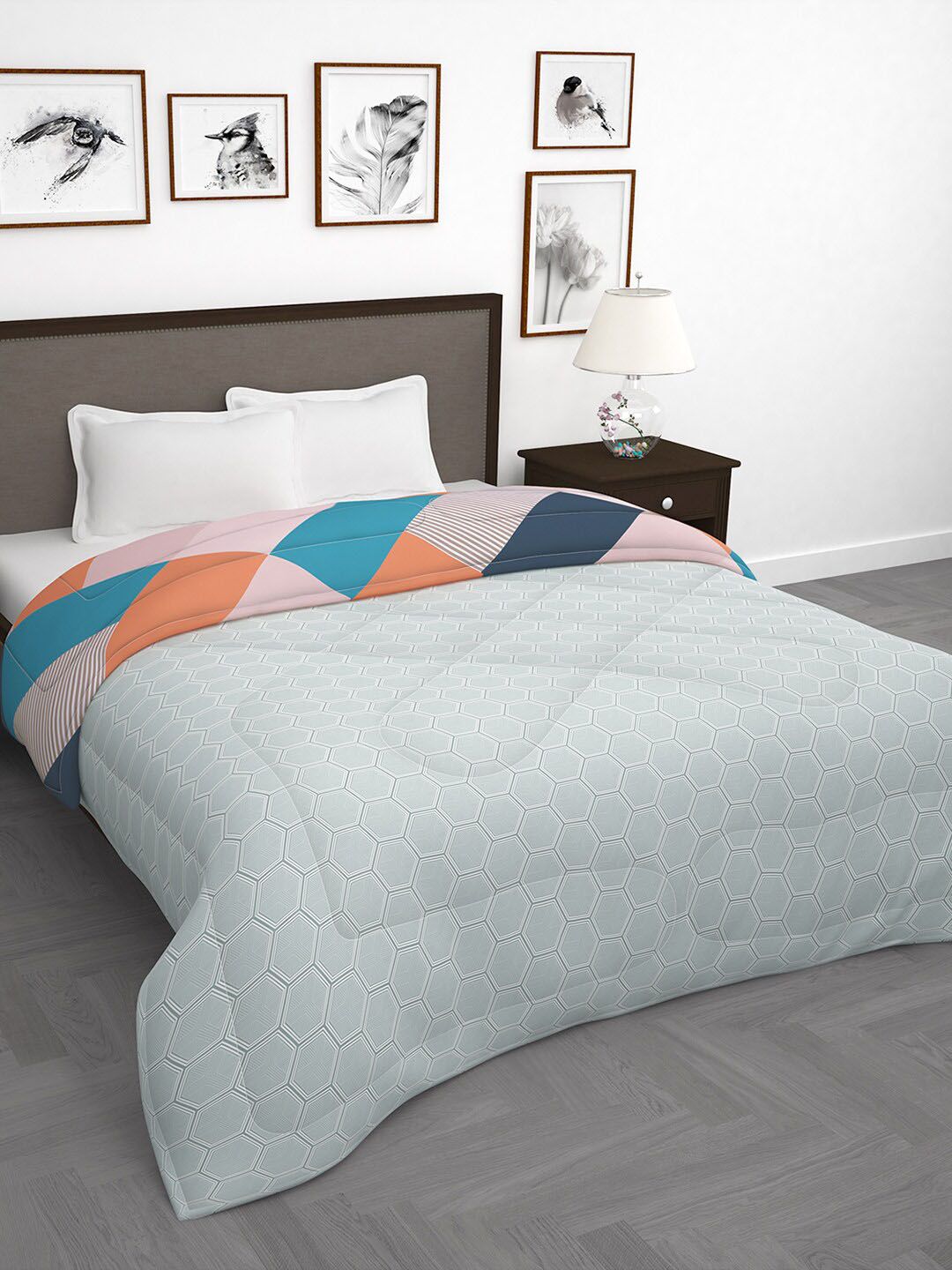 Story@home Grey & Pink Geometric 180 GSM AC Room Reversible Double Bed Comforter Price in India