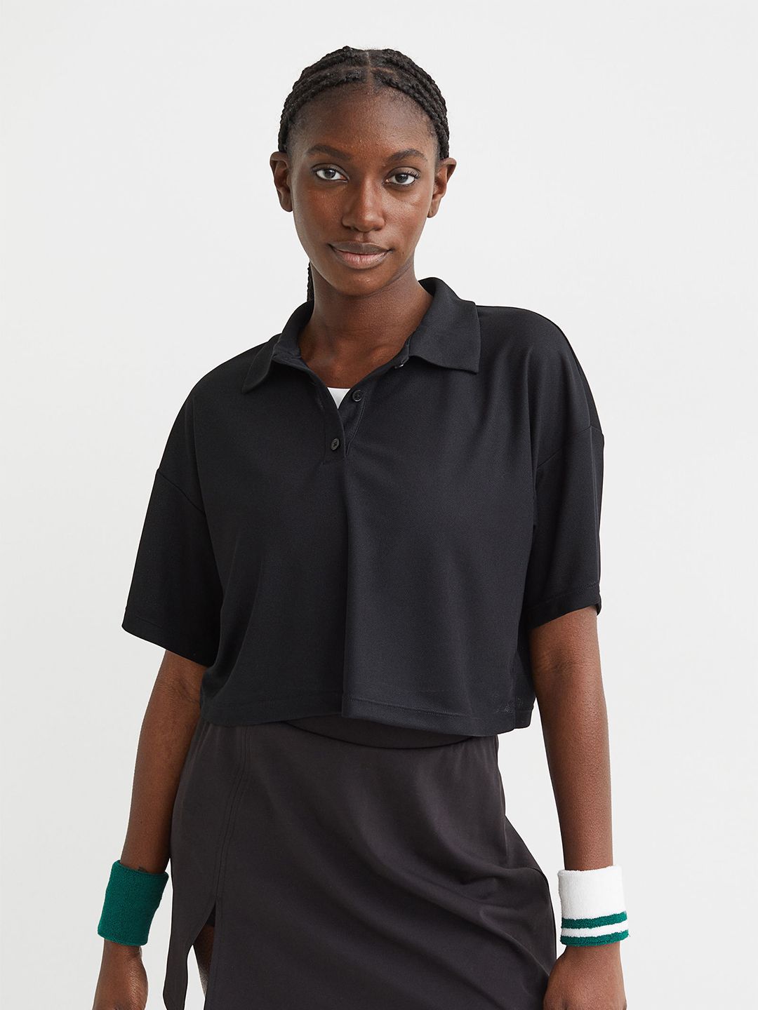 H&M Women Black Polo Collar Crop T-shirt Price in India