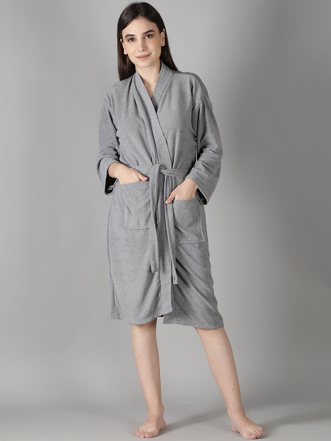 HotGown Women Grey Solid Bath Robe Price in India