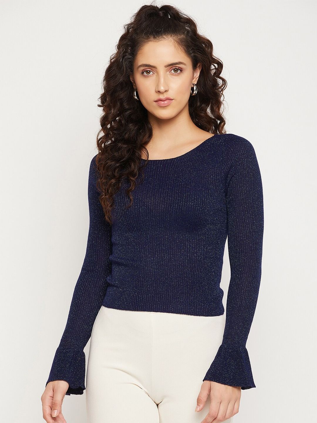 Madame Woman Navy Blue Bell Sleeves Top Price in India