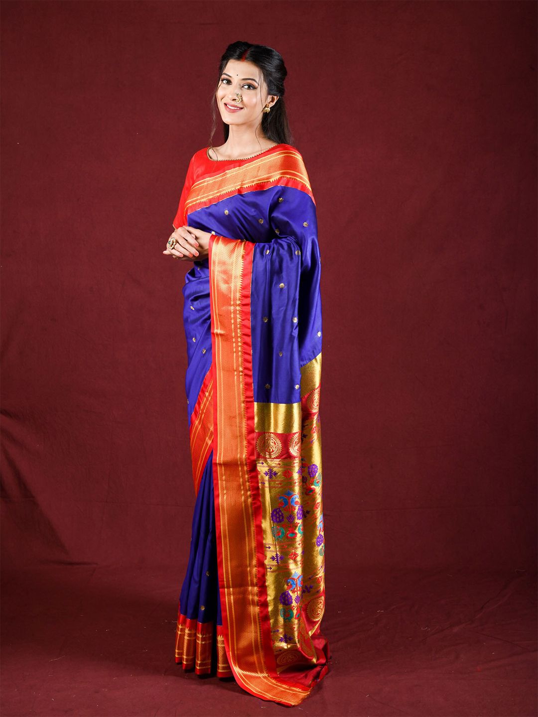 Exclusiva Blue & Red Ethnic Motifs Zari Paithani Saree Price in India