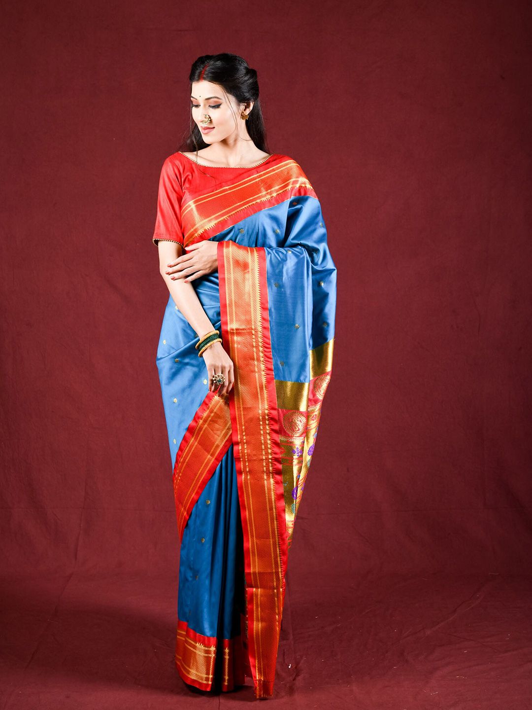 Exclusiva Blue & Red Woven Design Zari Silk Blend Paithani Saree Price in India