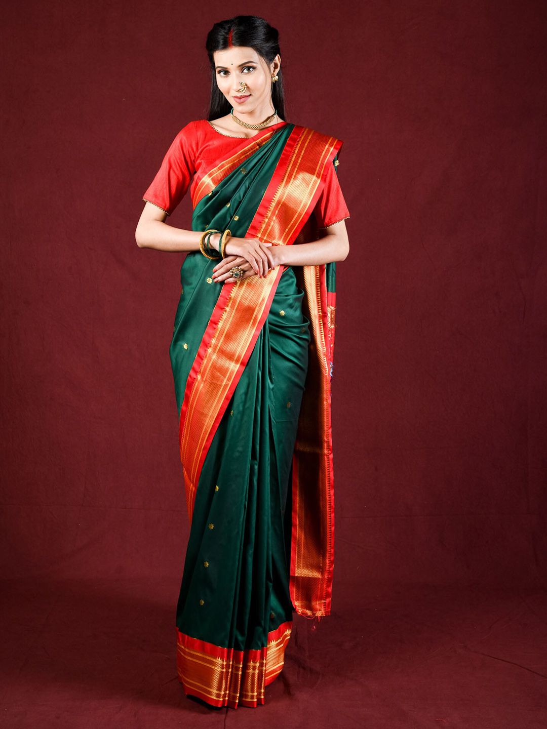 Exclusiva Green & Red Woven Design Zari Silk Blend Paithani Saree Price in India