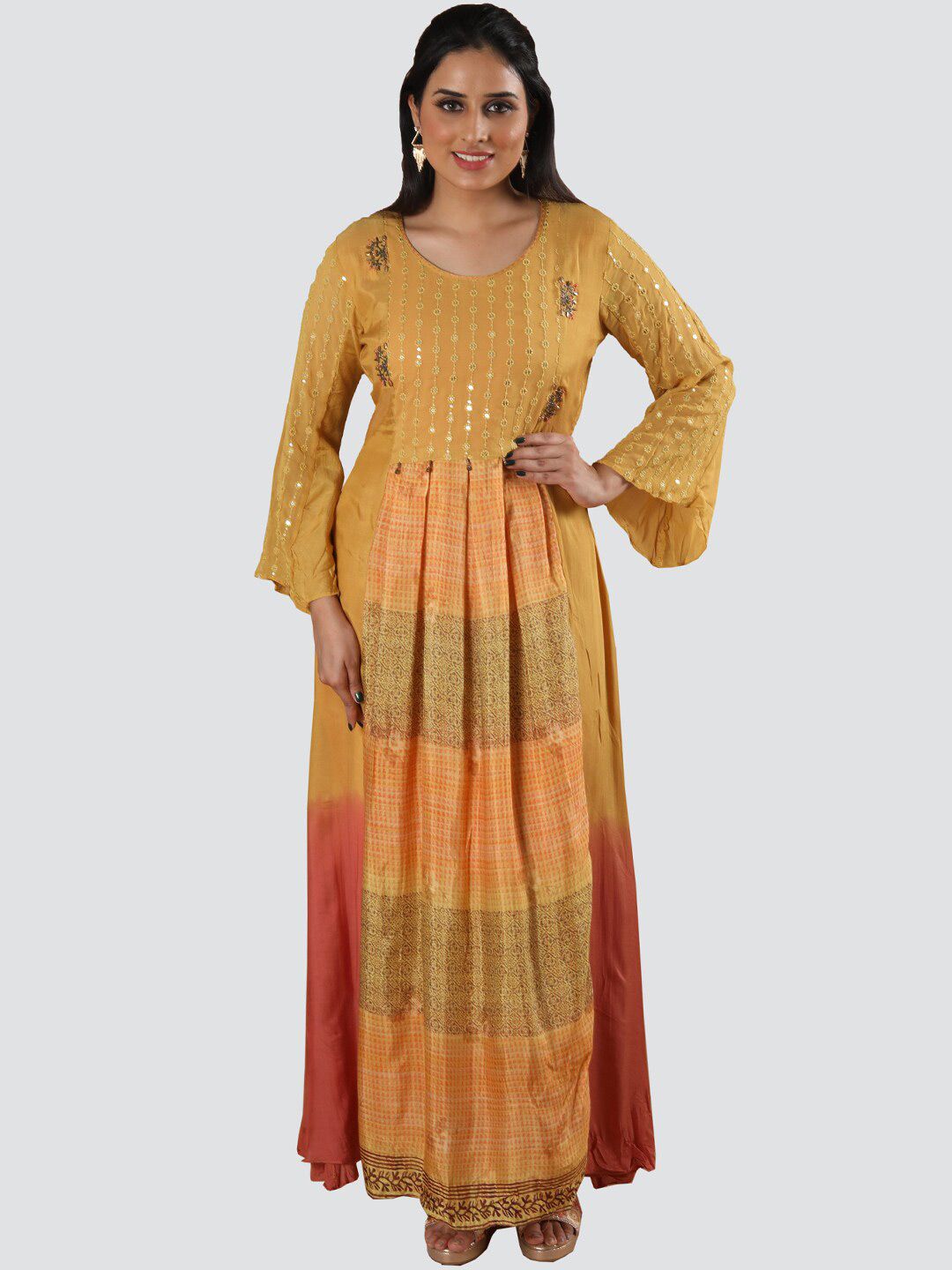 taruni Woman Mustard-Coloured Embroidered Maxi Long Ethnic Dress Price in India