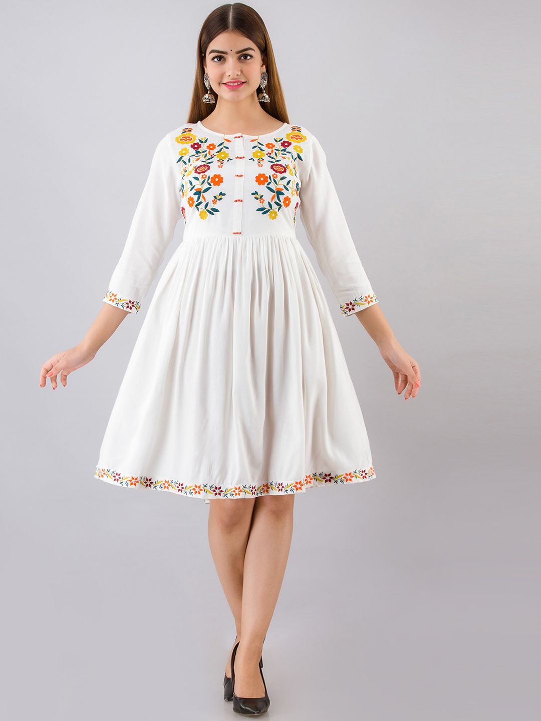 HERE&NOW Women White Embroidered Knee Length Ethnic Dresses Price in India