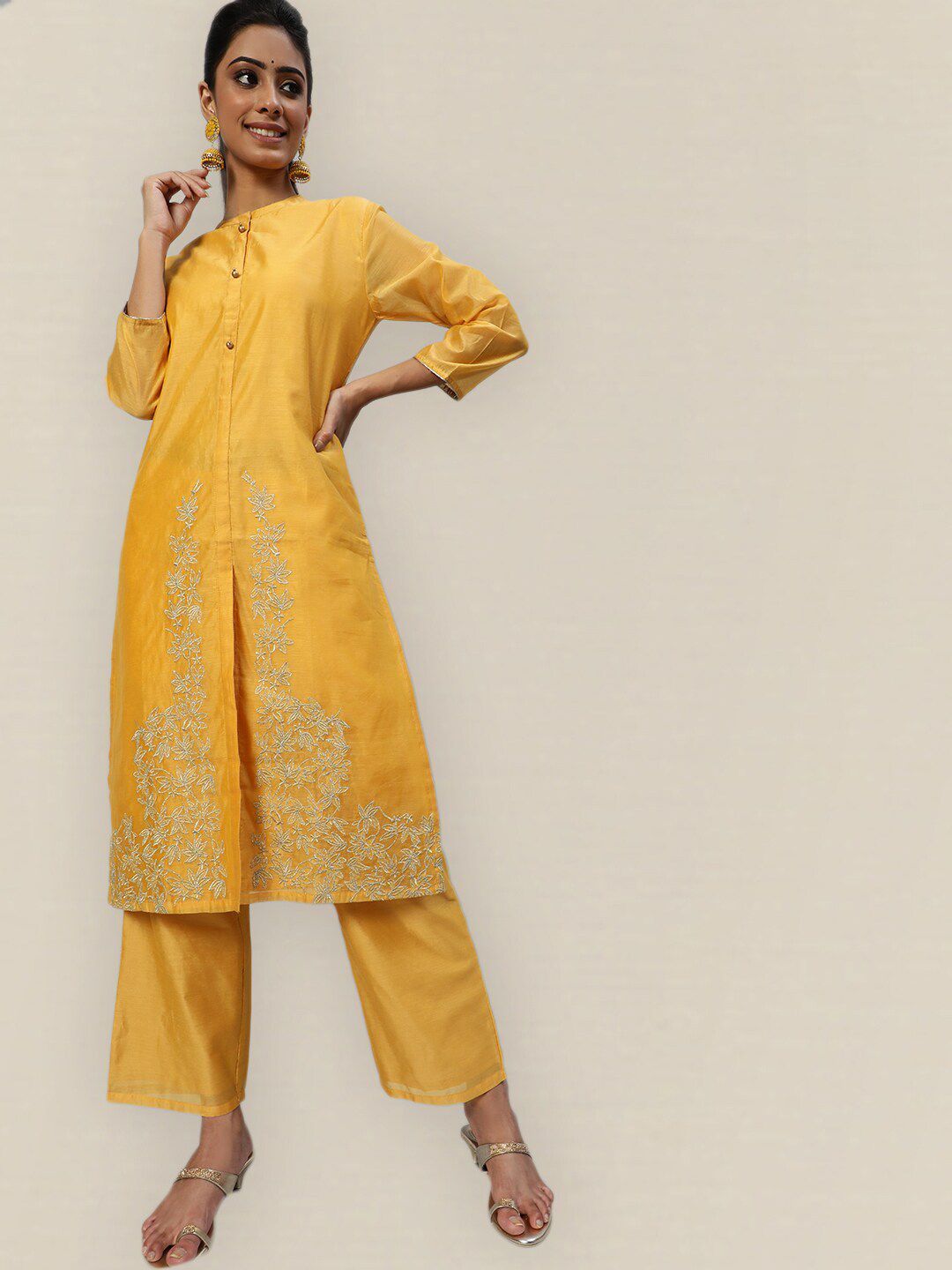 Sangria Women Yellow Floral Embroidered Kurta with Trouser Price in India