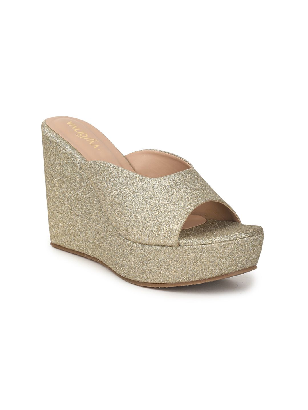 VALIOSAA Women Gold-Toned Embellished Peep Toe Wedges