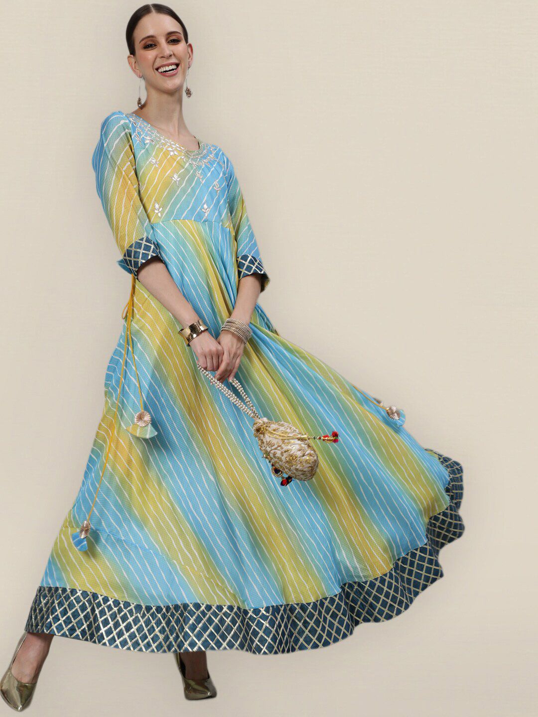 Sangria Women Blue & Yellow Leheriya Printed Silk Maxi Dress Price in India
