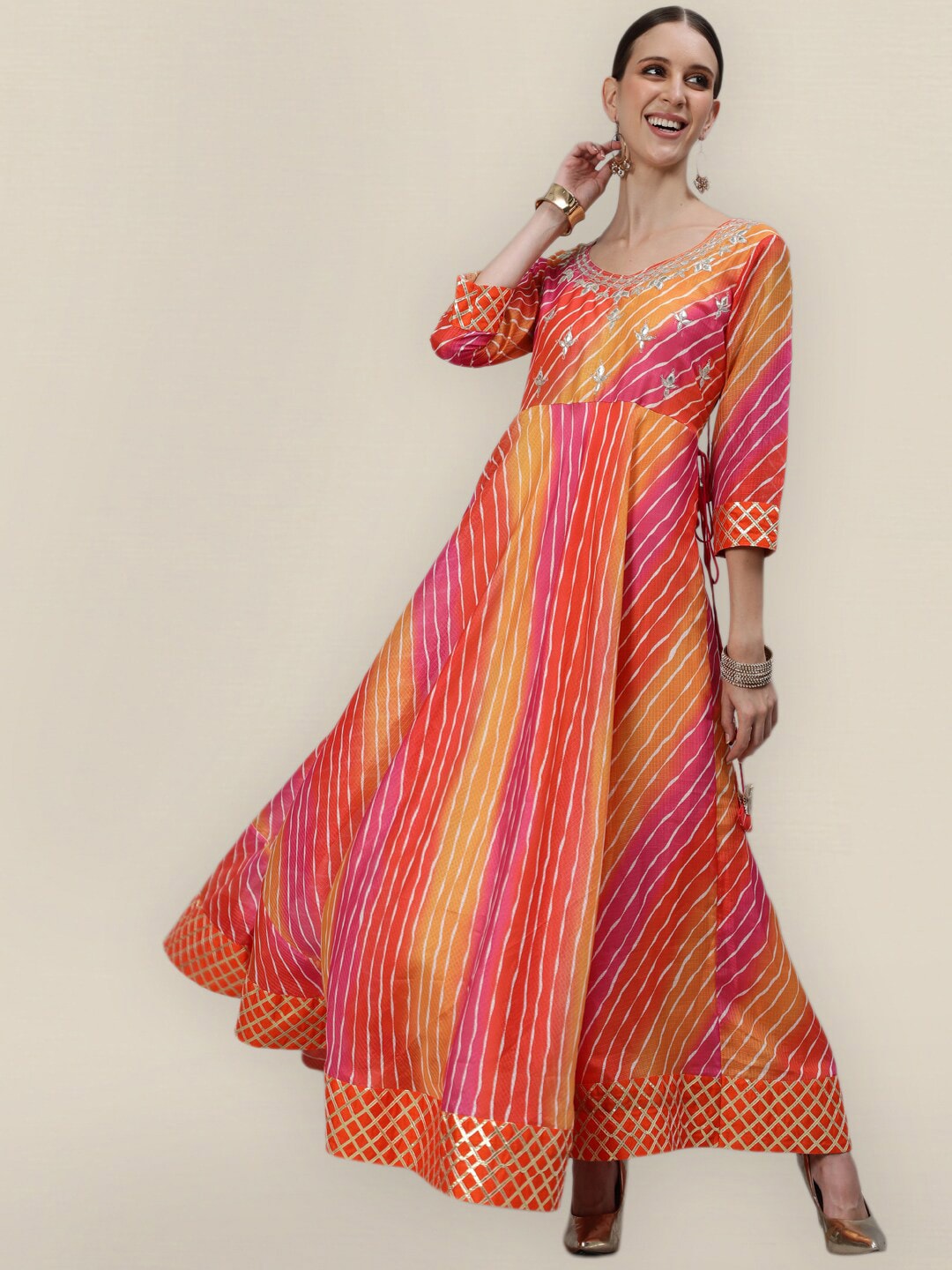Sangria Women Orange & Pink Leheriya Printed Flared Silk Maxi Dress Price in India