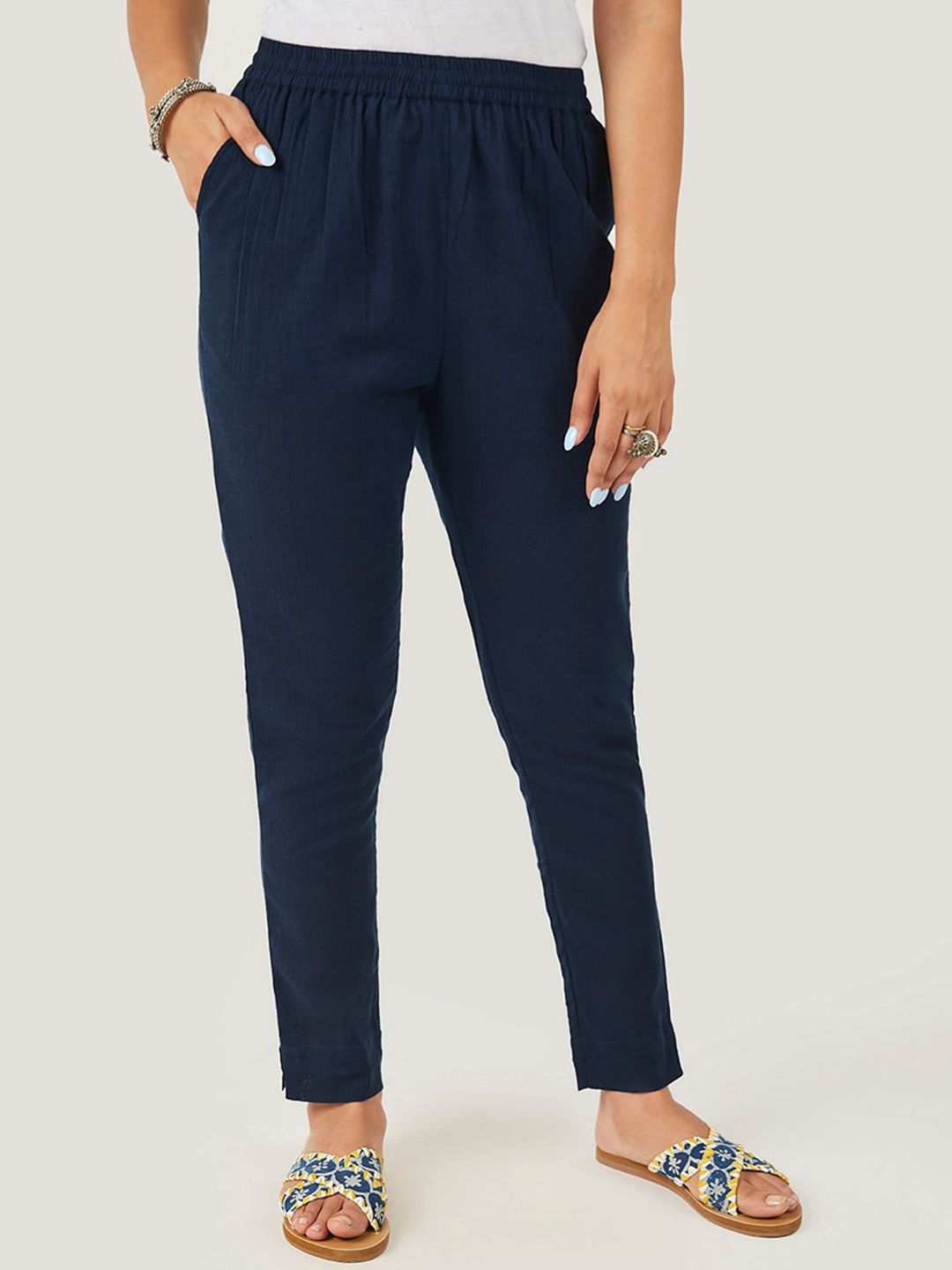 EK BY EKTA KAPOOR Women Blue Cotton Slim Fit Trousers Price in India