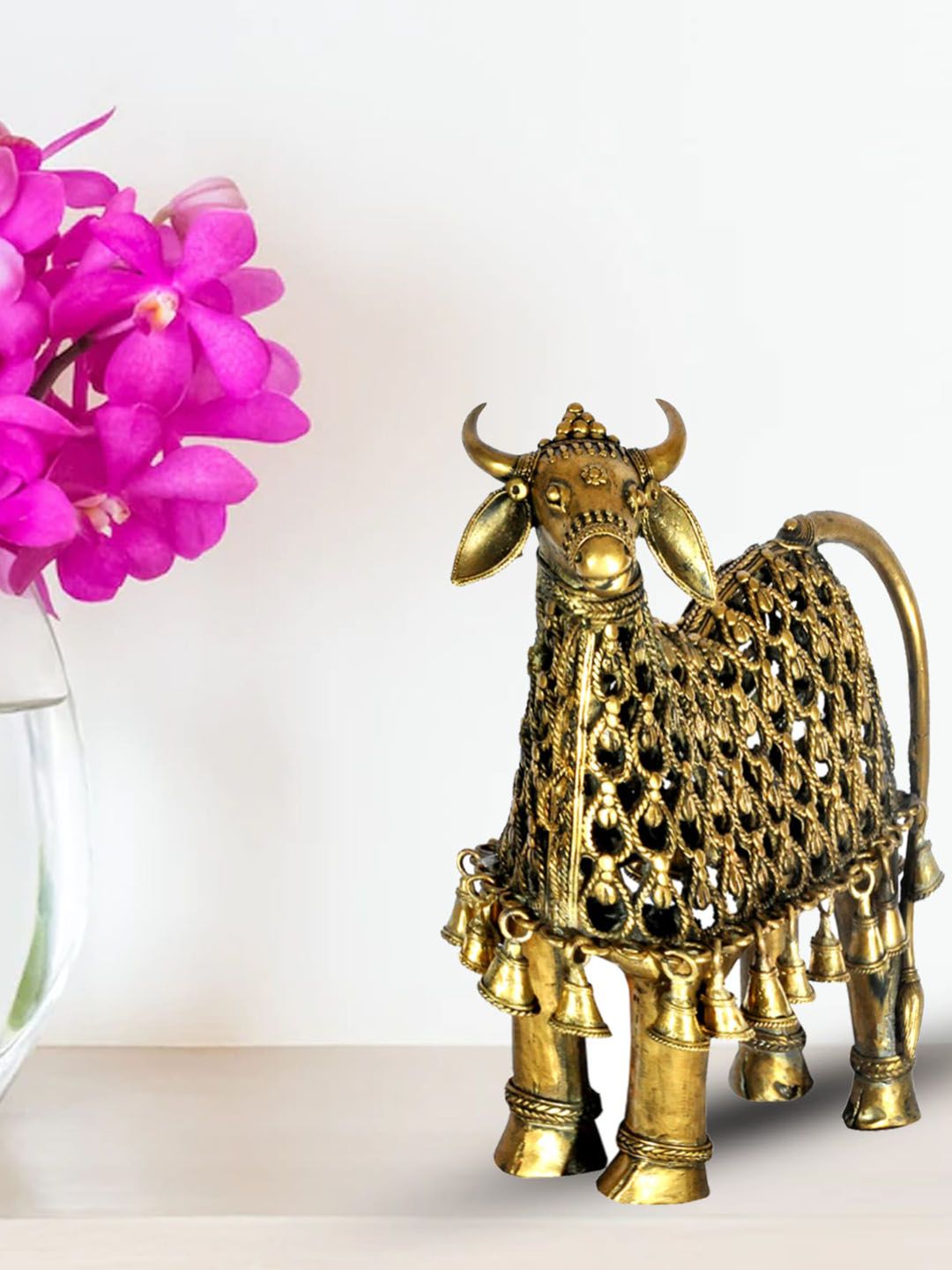 SHREE KALA HOME DECOR Antique Gold-Toned Brass Statue Nandi The Bull With Bells & Trellis Showpieces Price in India