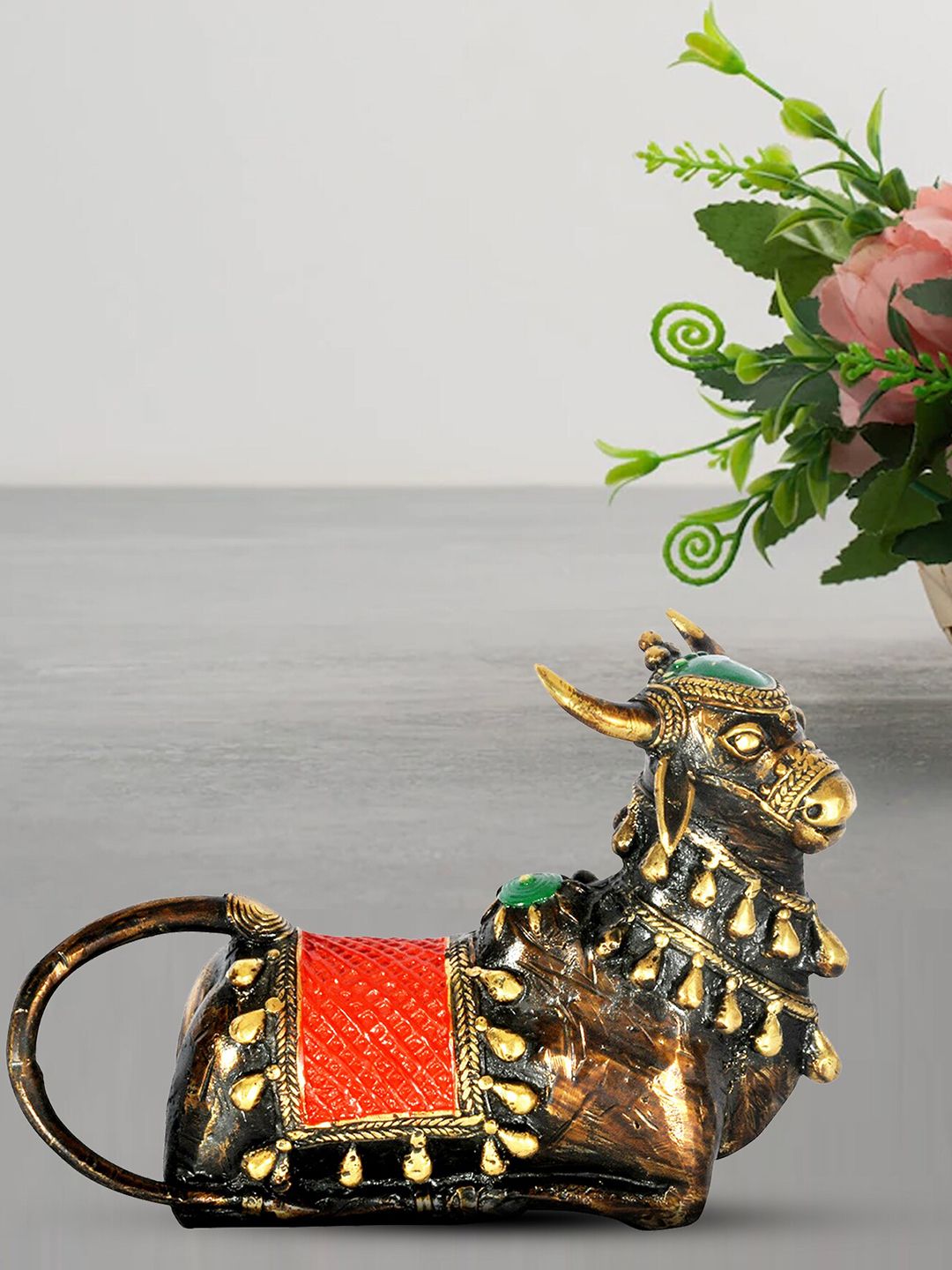 SHREE KALA HOME DECOR Red Dhokra Art Brass Antique Look Nandi Showpiece Price in India