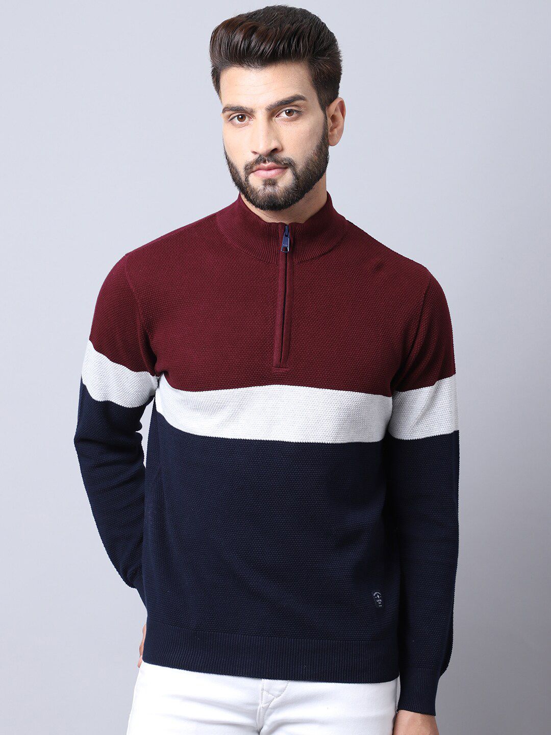 Cantabil Men Navy Blue & Maroon Colourblocked Pullover with Zip Detail