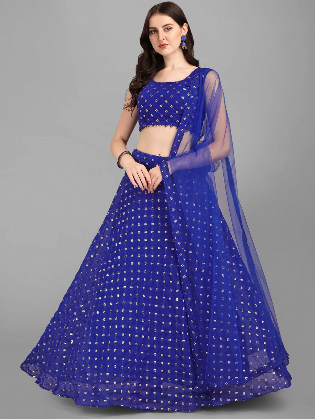 YOYO Fashion Blue & Gold-Toned Embellished Sequinned Semi-Stitched Lehenga Choli Price in India