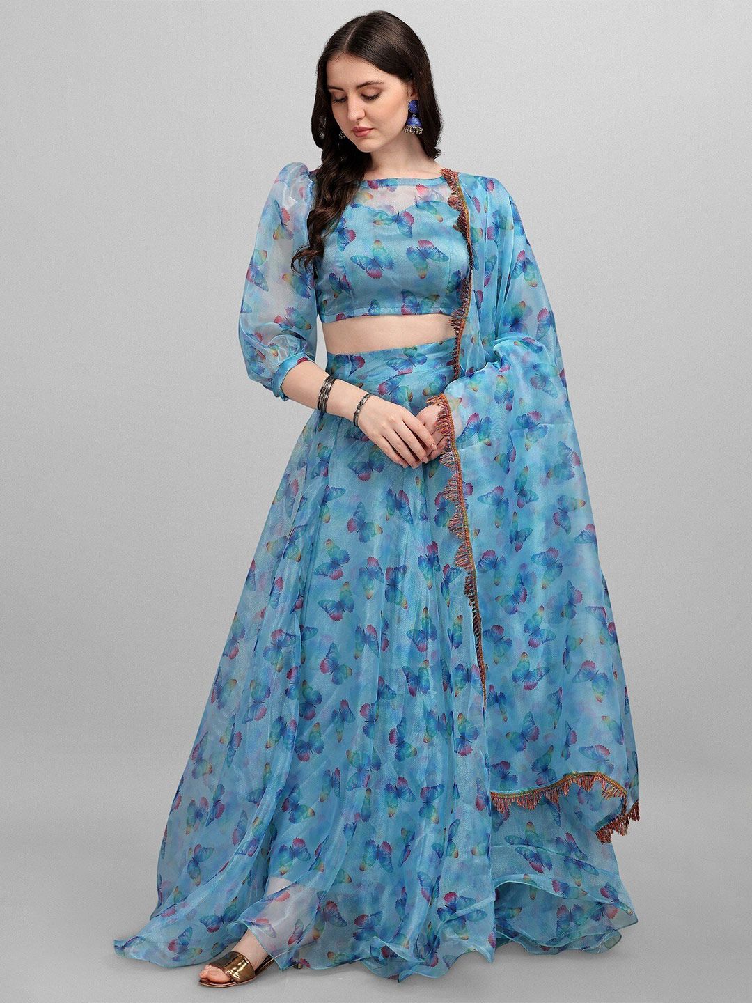 YOYO Fashion Blue & Red Printed Semi-Stitched Lehenga & Unstitched Blouse With Dupatta Price in India