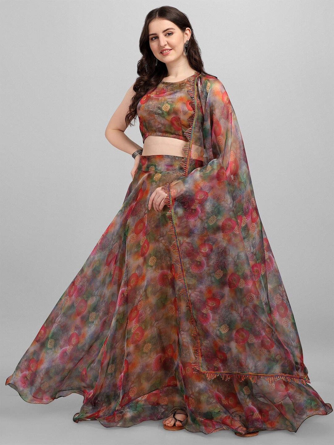 YOYO Fashion Brown & Red Printed Semi-Stitched Lehenga & Unstitched Blouse With Dupatta Price in India