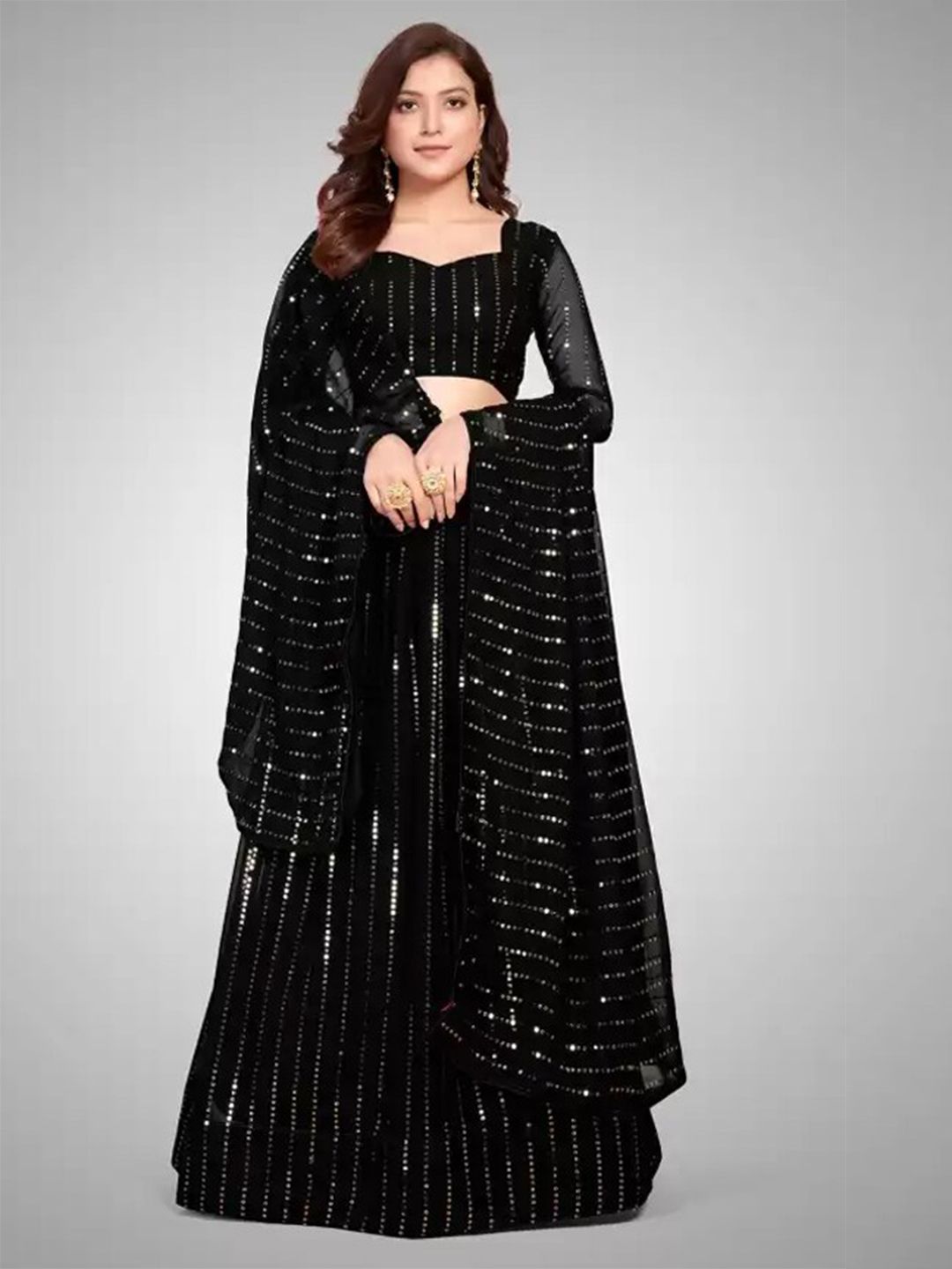 YOYO Fashion Black Embroidered Sequinned Semi-Stitched Lehenga & Unstitched Blouse With Dupatta Price in India