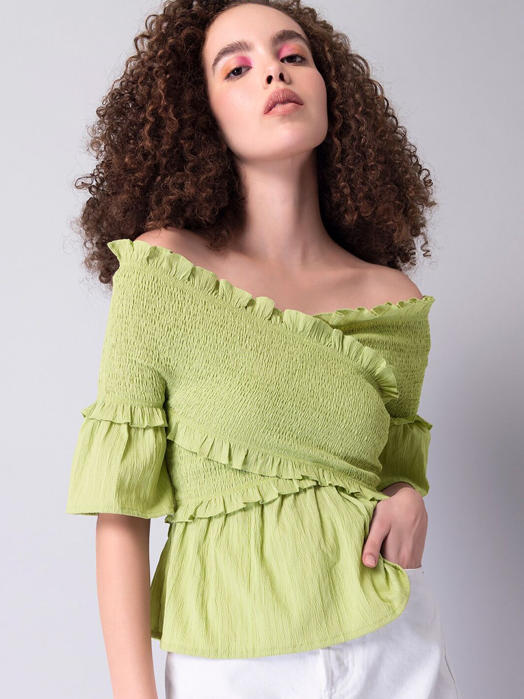 FabAlley Green Off-Shoulder Crepe Smocked Wrap Top Price in India
