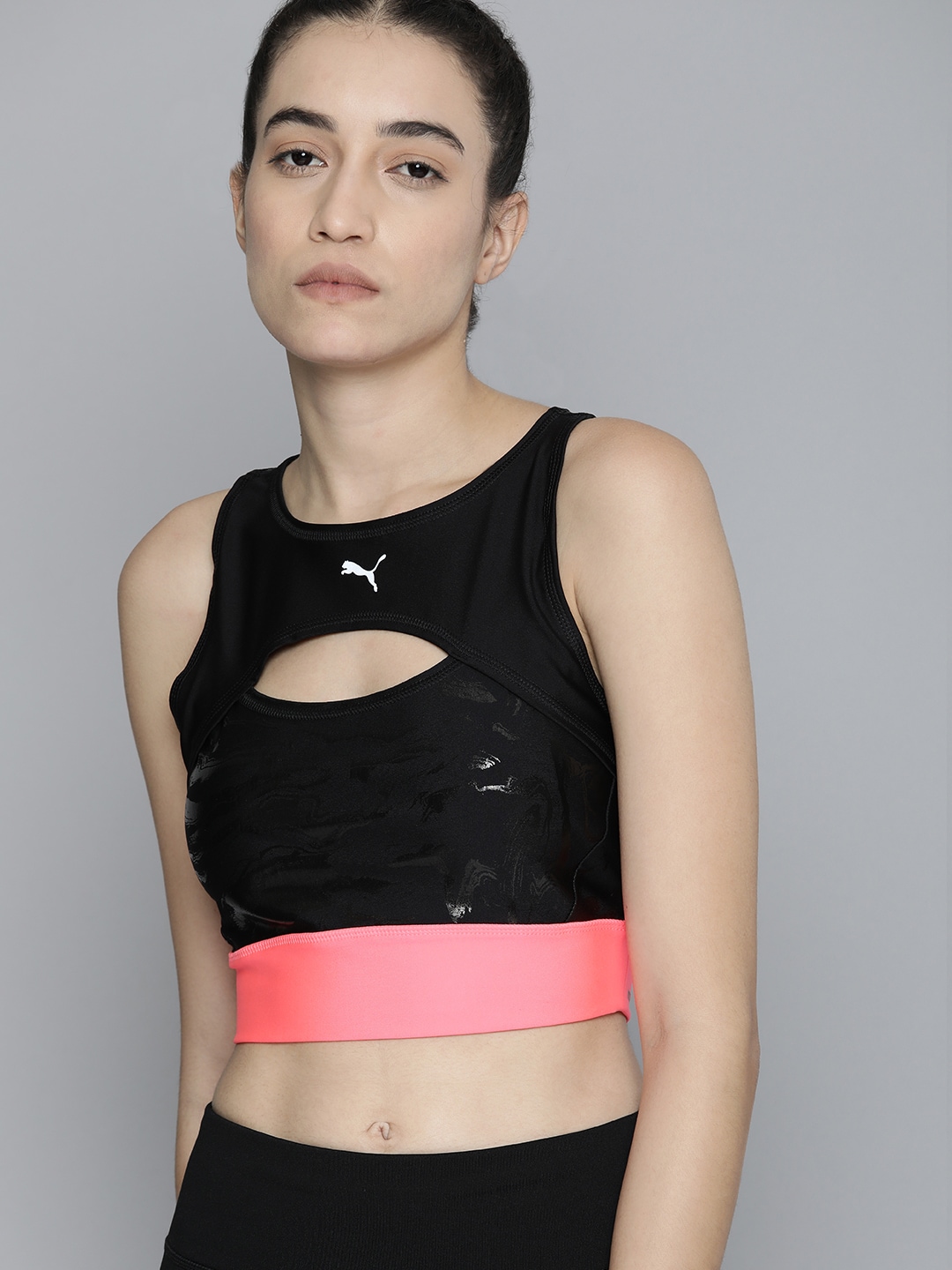 Puma Women Black Abstract Print Cut-Out Racerback Ultraform AOP Crop Running Tank Top Price in India