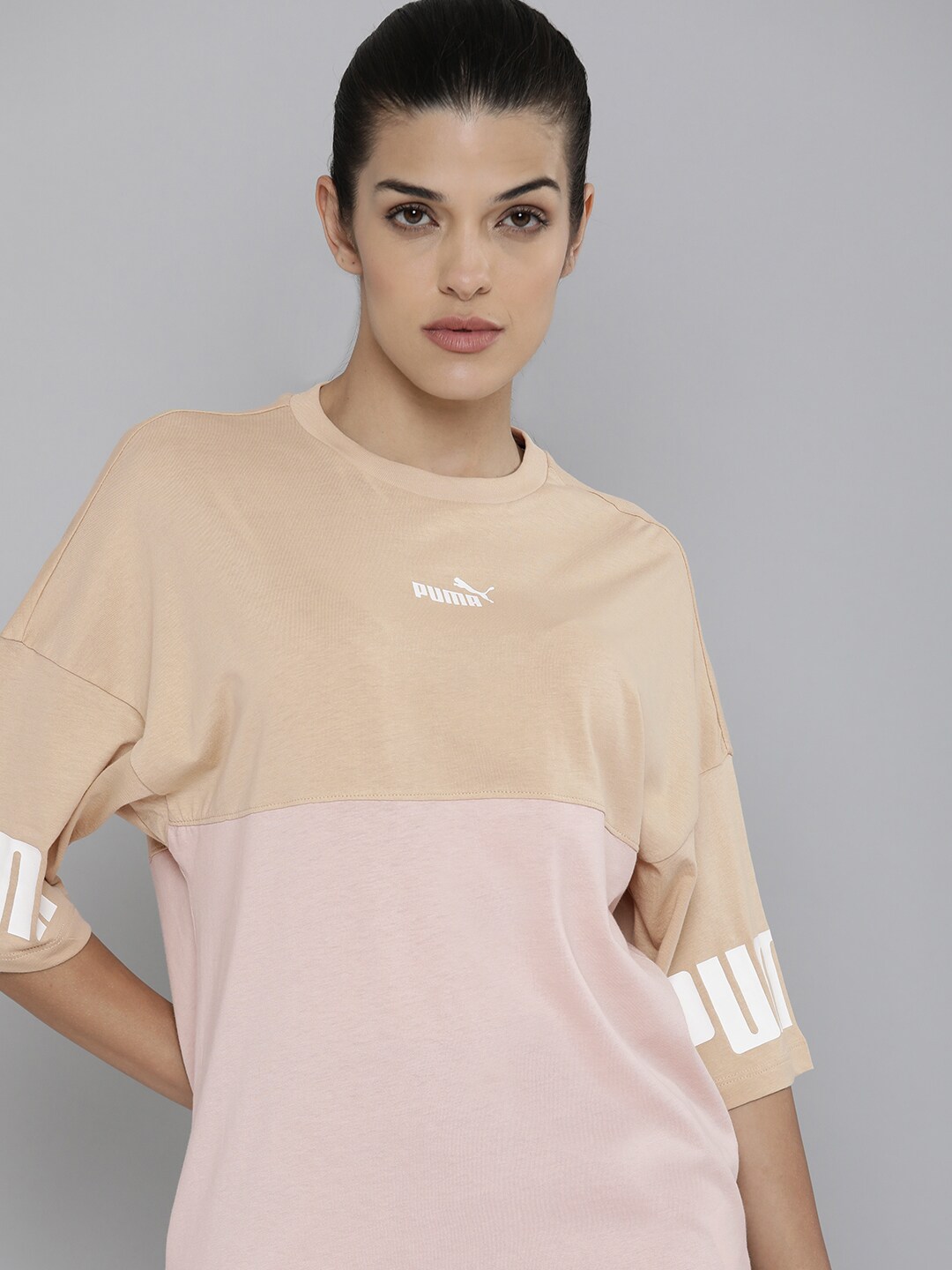 Puma Beige & Pink Colourblocked Extended Sleeves Pure Cotton Top Price in India