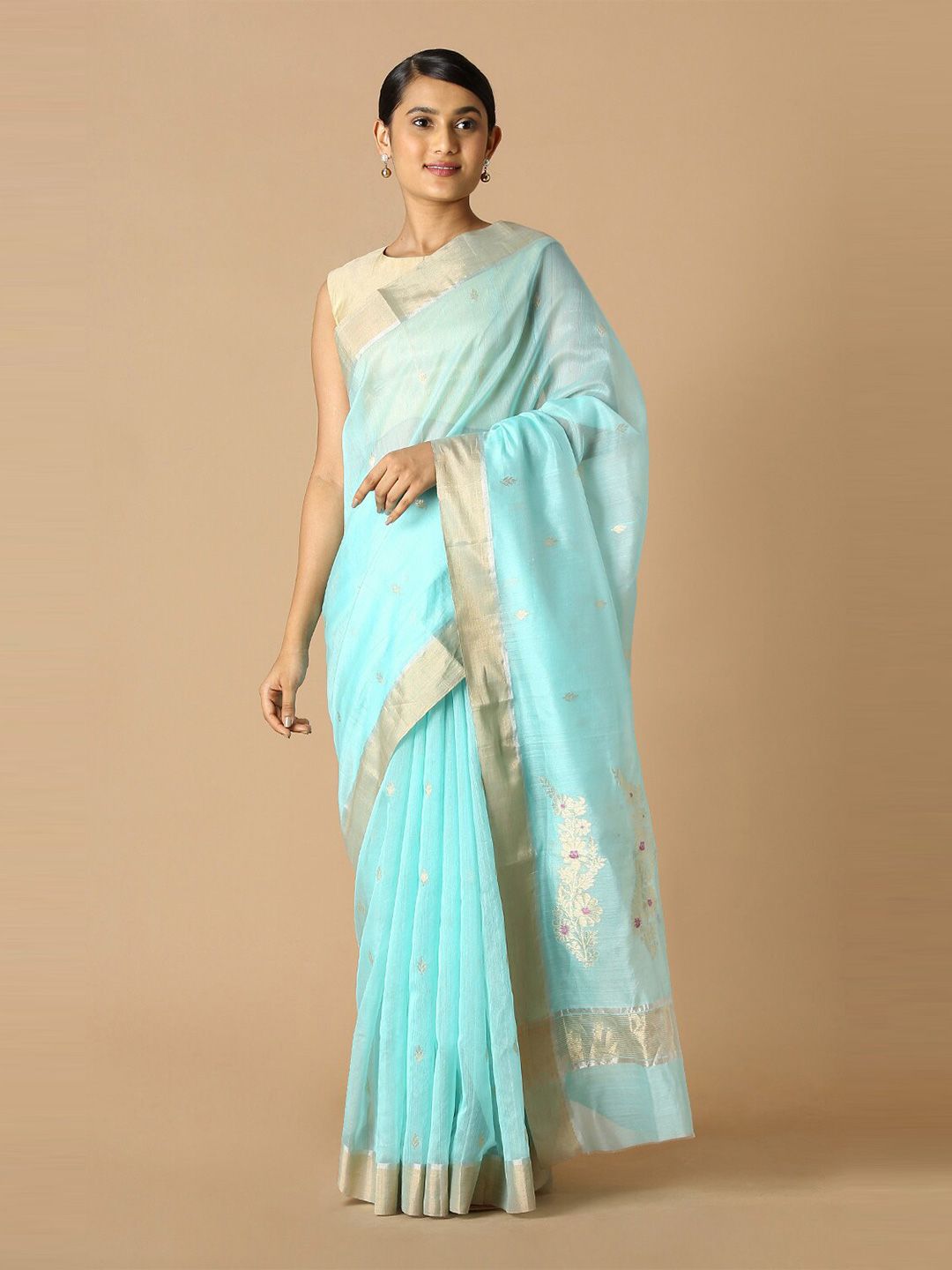 Taneira Blue & Gold-Toned Woven Design Zari Silk Cotton Chanderi Saree Price in India